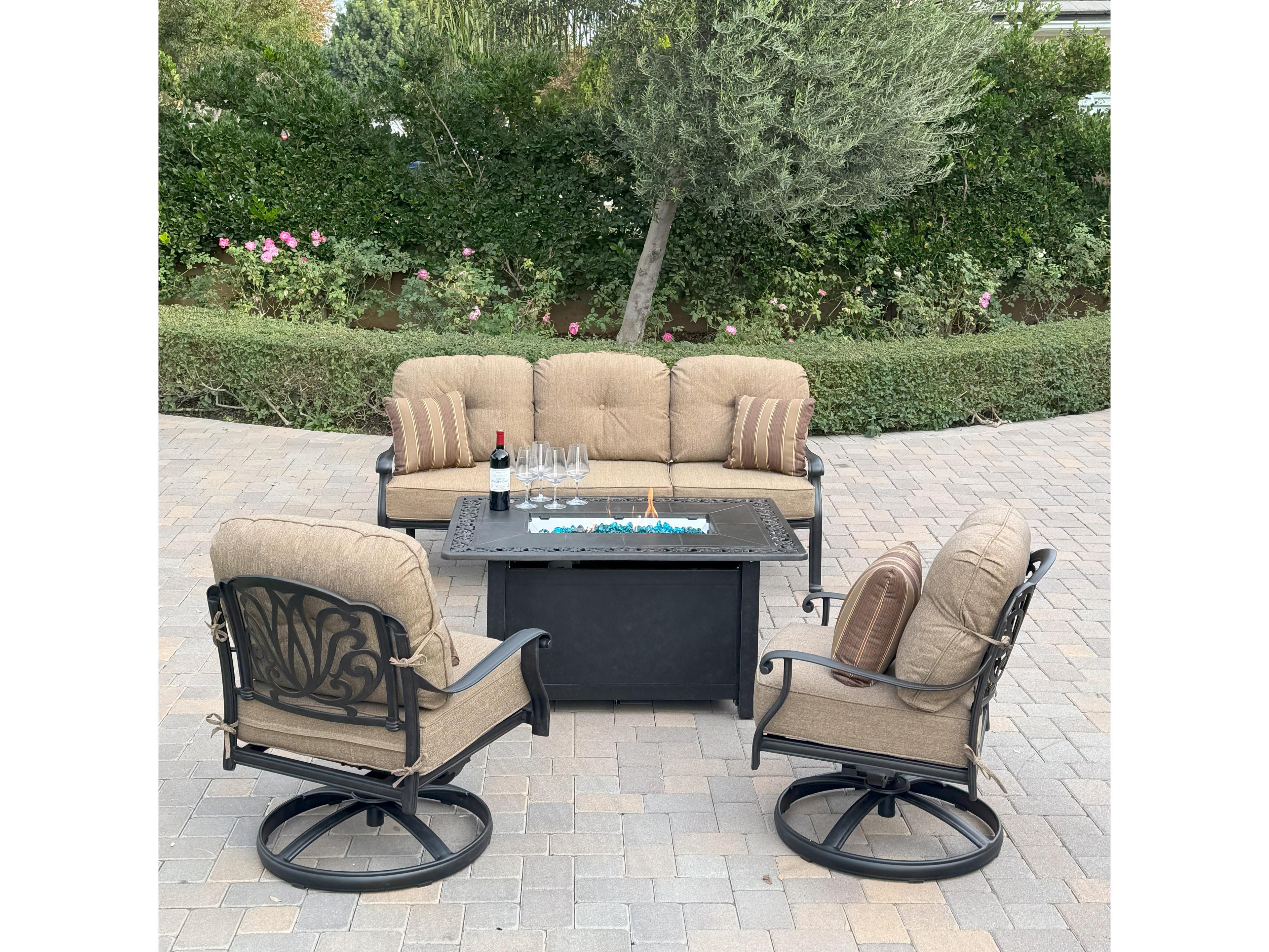 Darlee Outdoor Living Elisabeth Cast Aluminum 4-Piece Conversation Set with 49" x 35" Rectangular Fire Pit Chat Table
