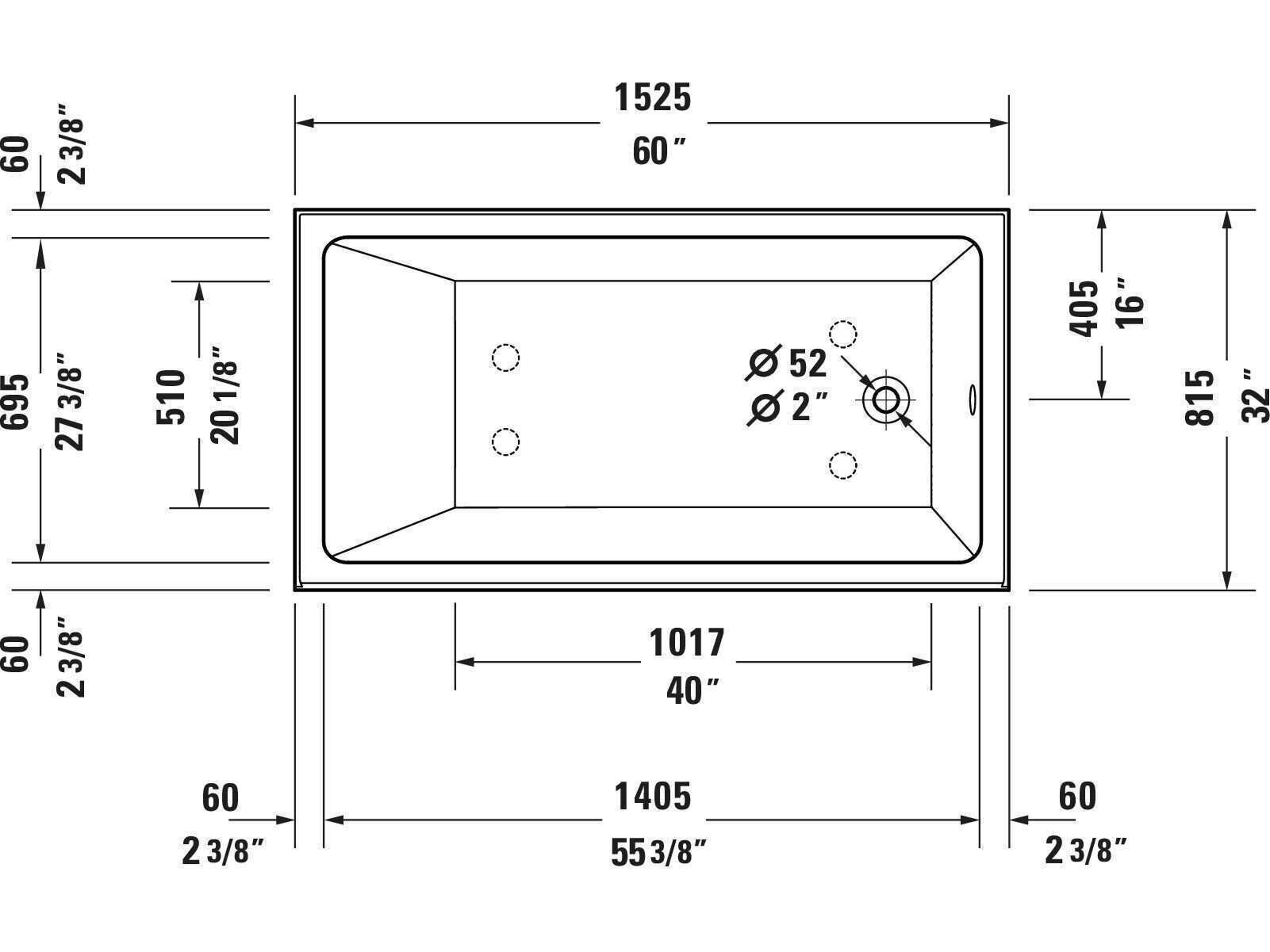 Duravit Duravit No.1 60'' Acrylic Freestanding White Bathtub - Right Side Drain