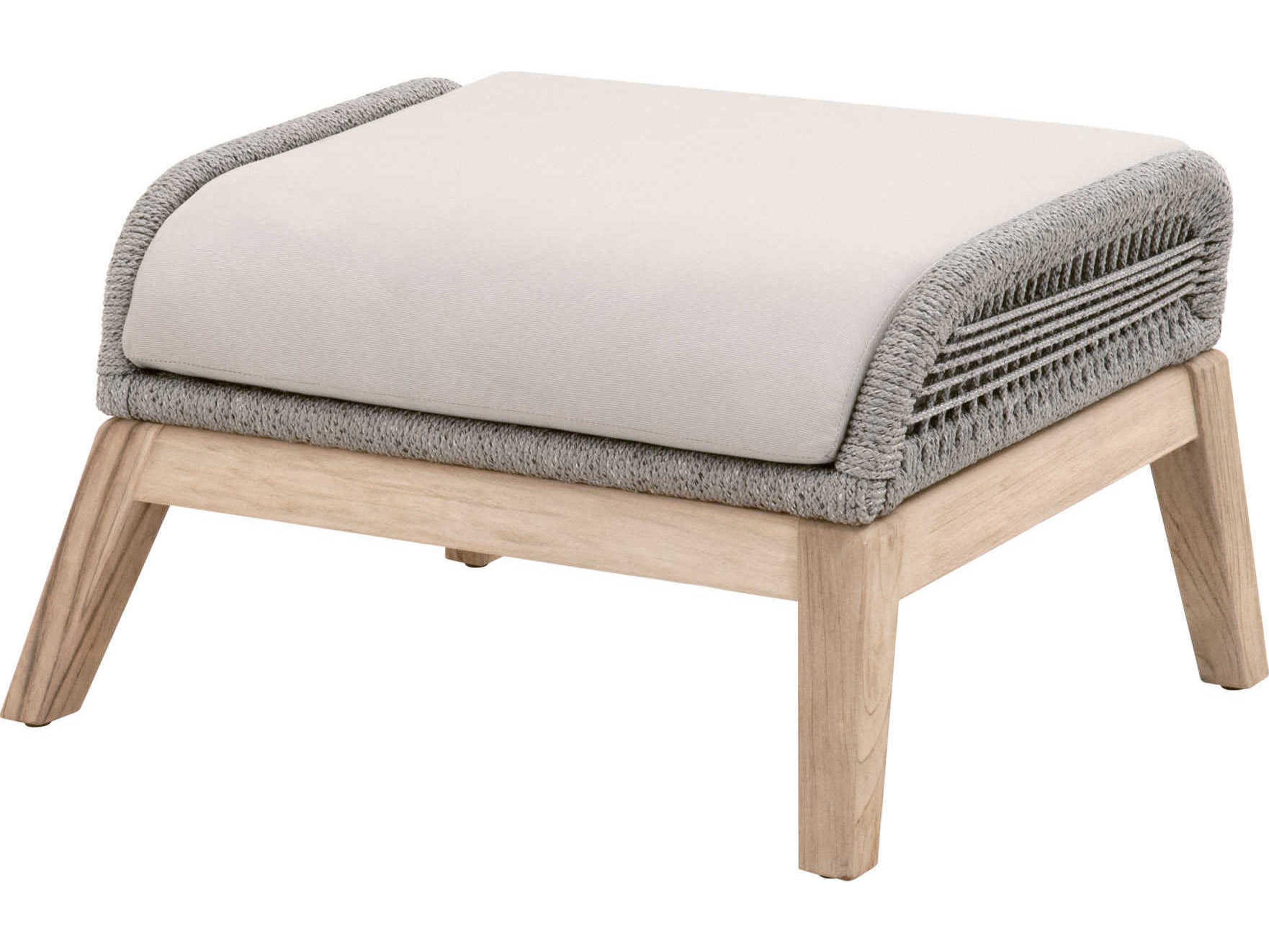 Luxecor Respite Outdoor Rope Taupe & White Flat with Gray Teak Ottoman Performance Pumice Cushion