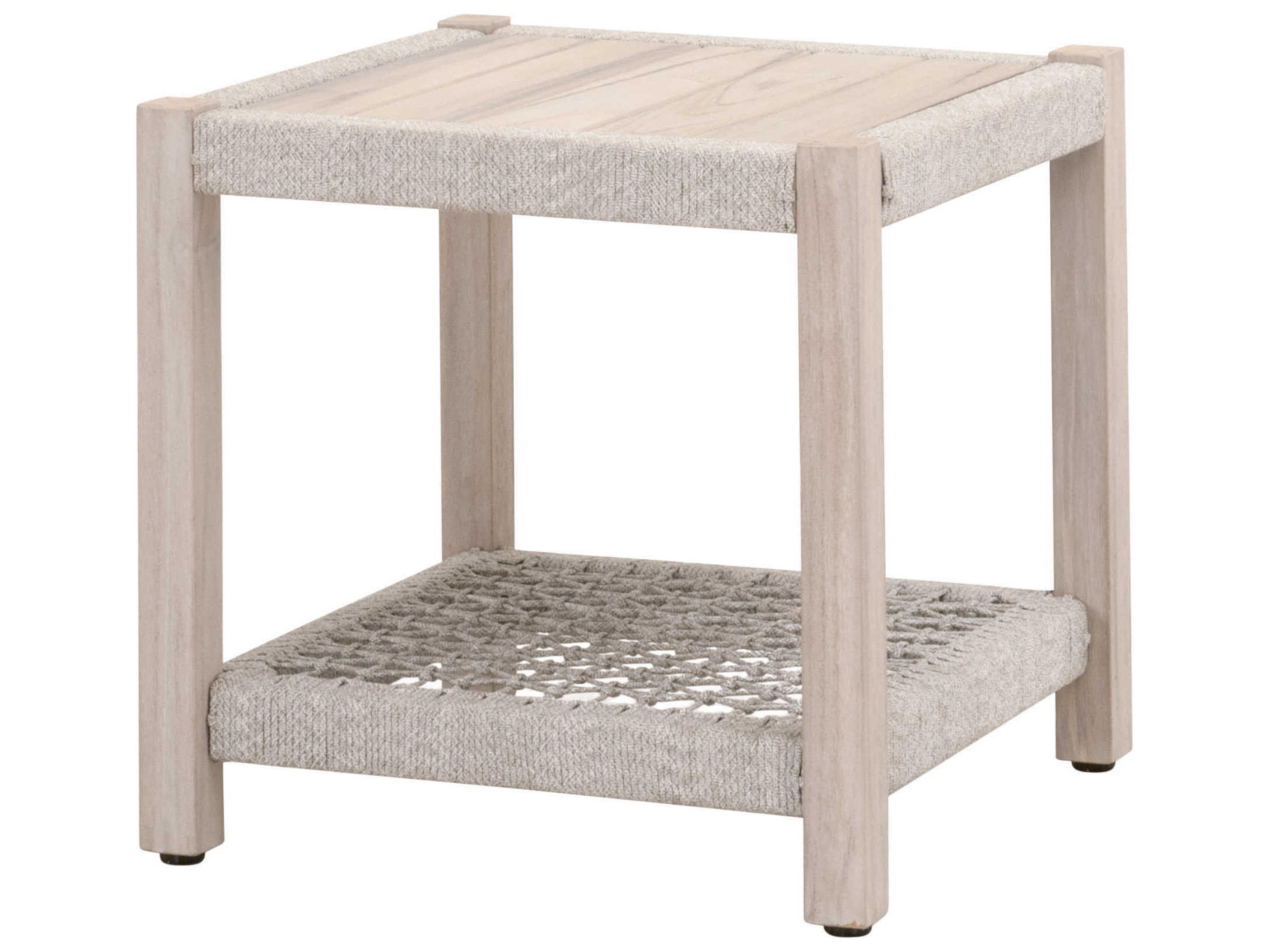 Essentials for Living Outdoor Woven Rope Taupe & White Flat Rope, Gray Teak Square End Table