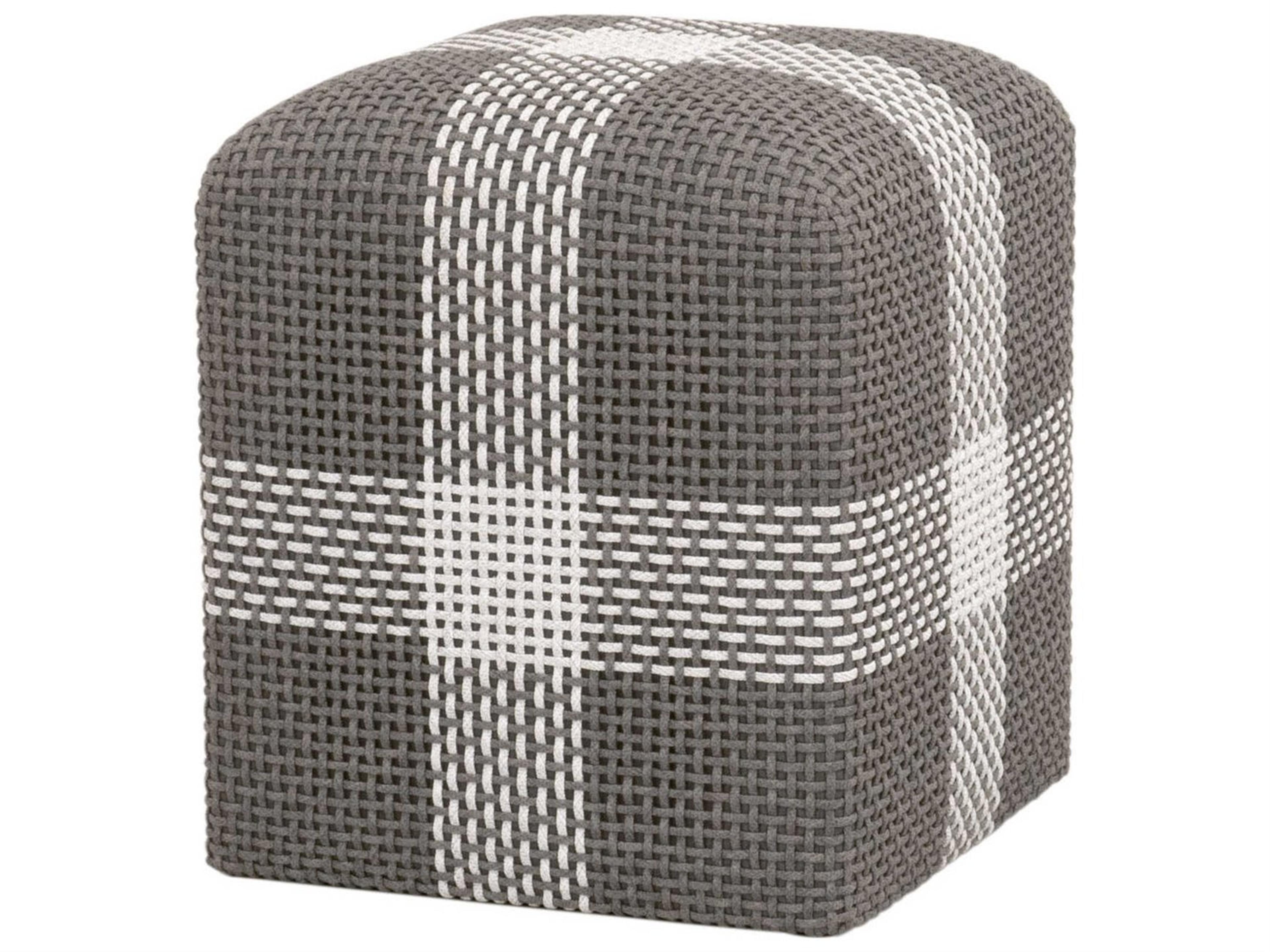 Essentials for Living Outdoor Woven Dove Flat Rope / White Speckle Stripe Rope Ottoman