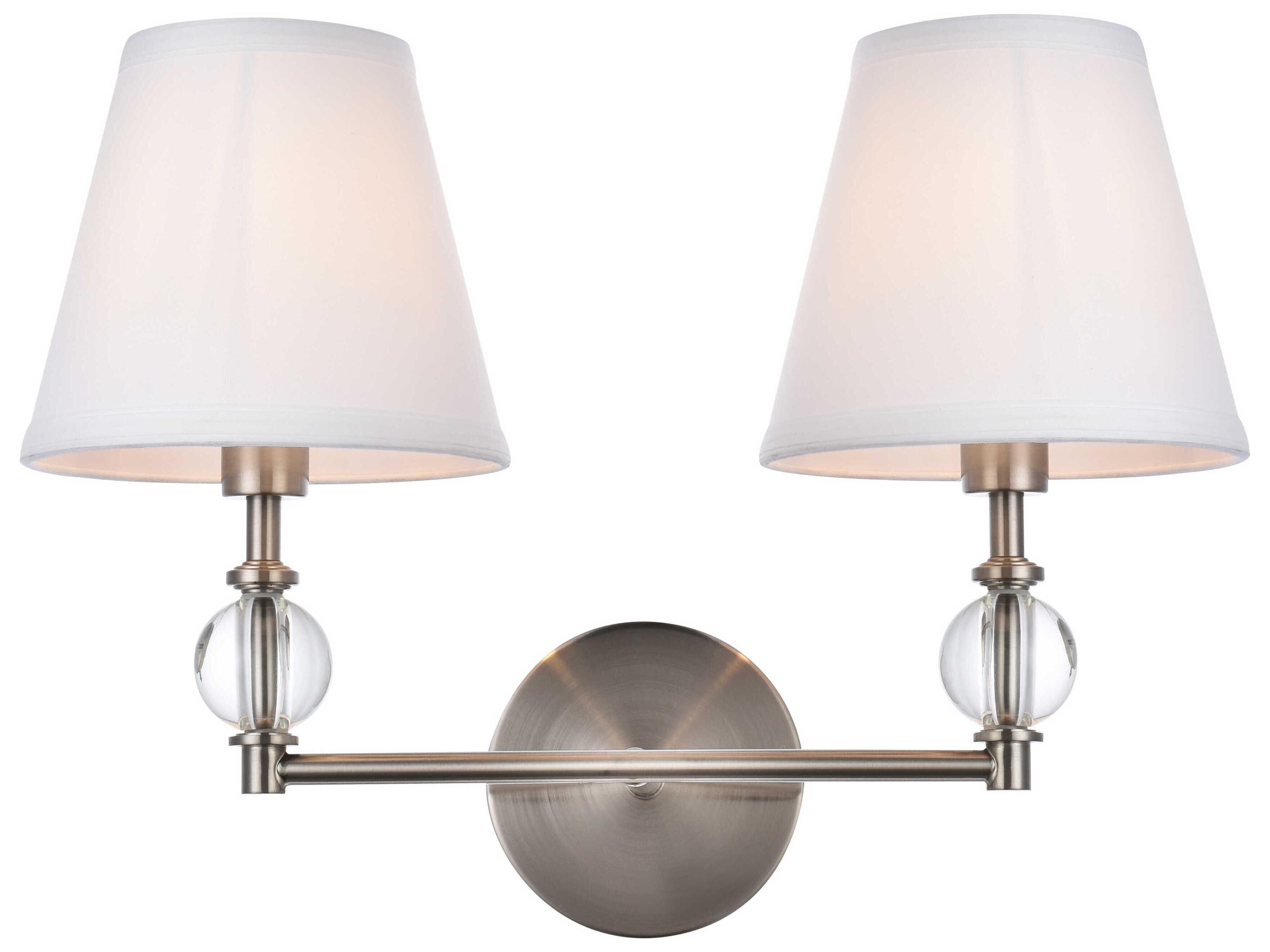 Elegant Lighting Bethany 2-Light Satin Nickel And White Fabric Shade Crystal Vanity Light