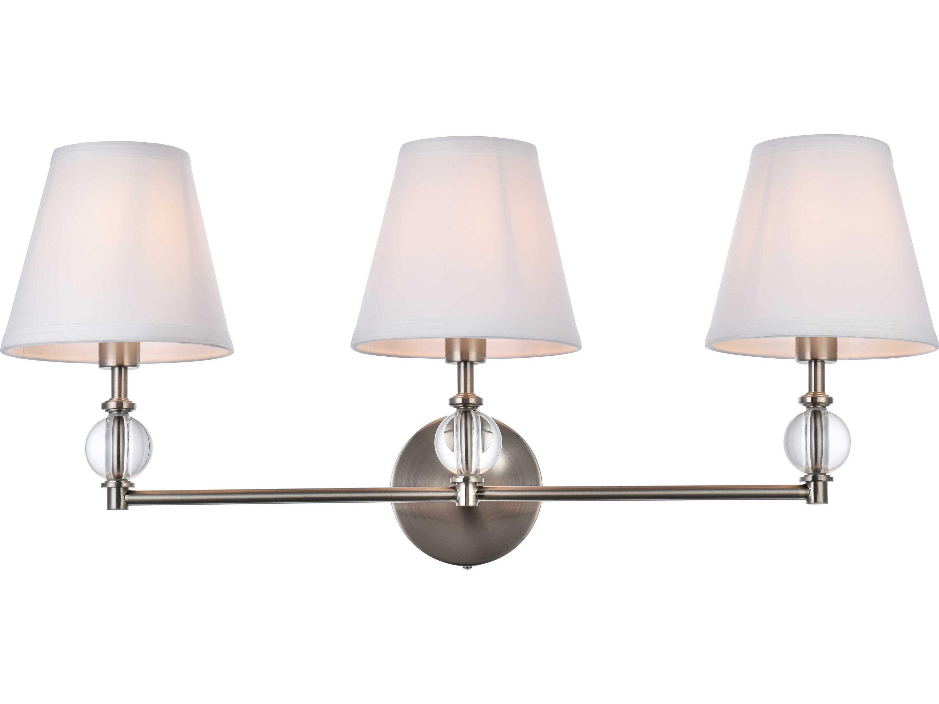 Elegant Lighting Bethany 3-Light Satin Nickel And White Fabric Shade Crystal Vanity Light