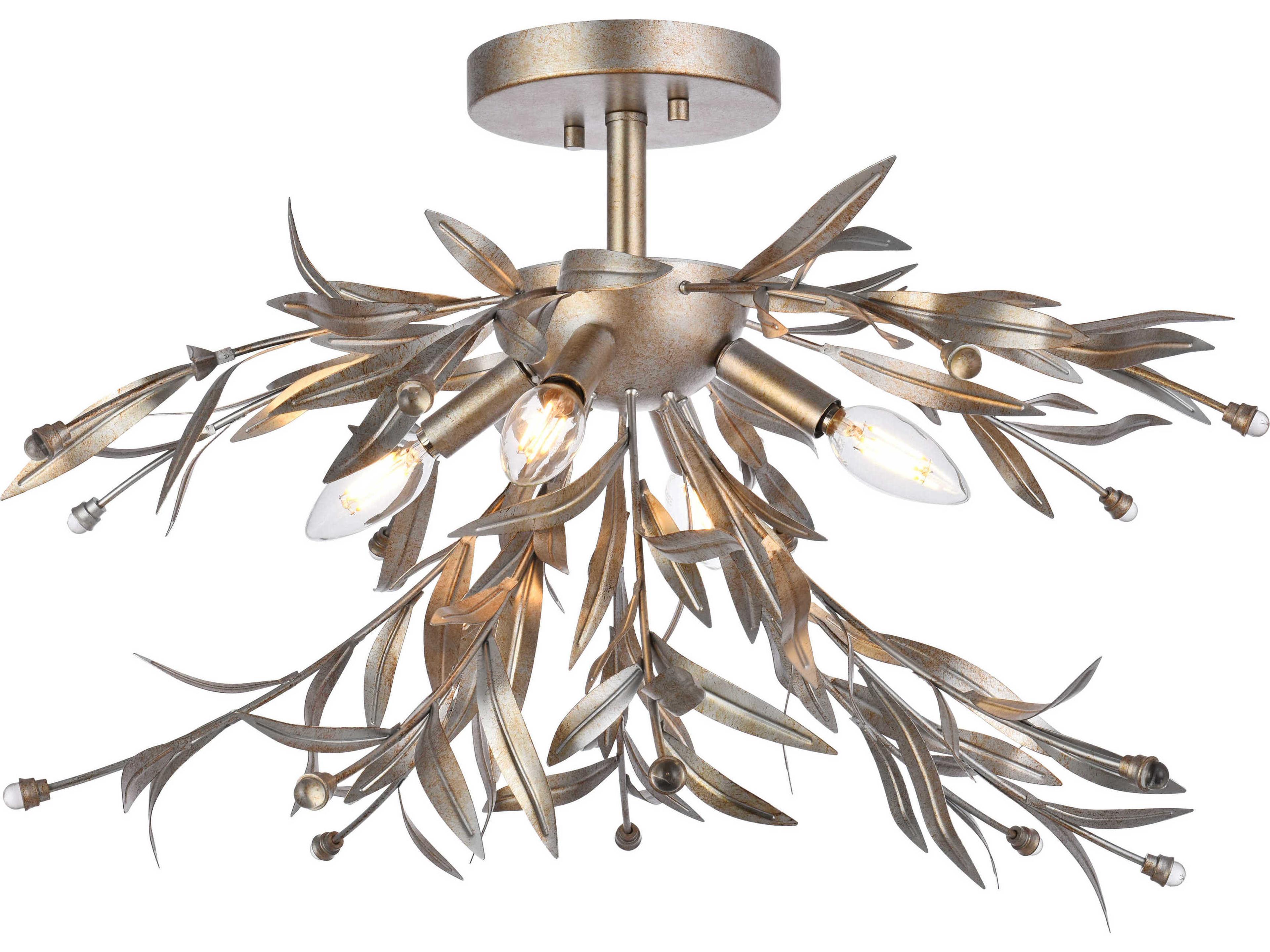 Elegant Lighting Priscilla 4-Light Silver Leaf Crystal Semi Flush Mount