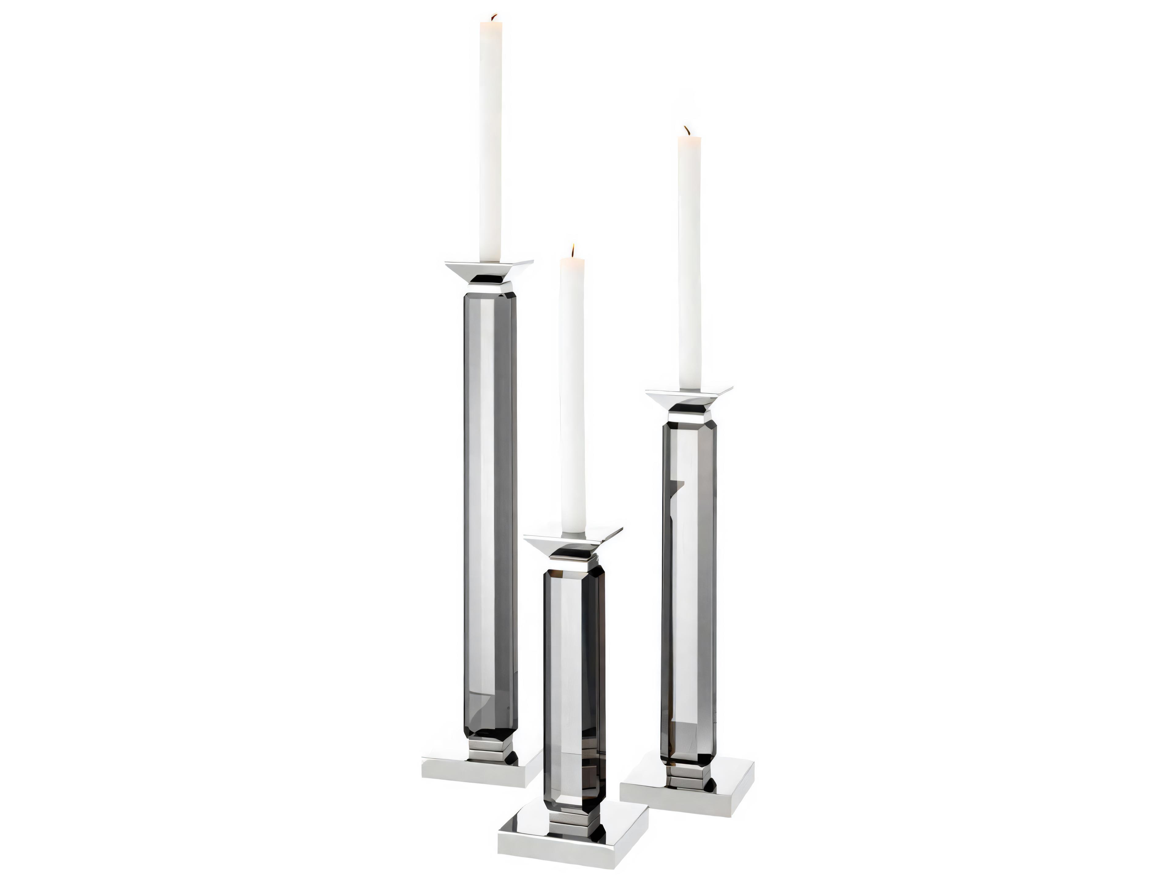 Eichholtz Livia Nickel Smoke Crystal Glass Set of 3 Candle Holder
