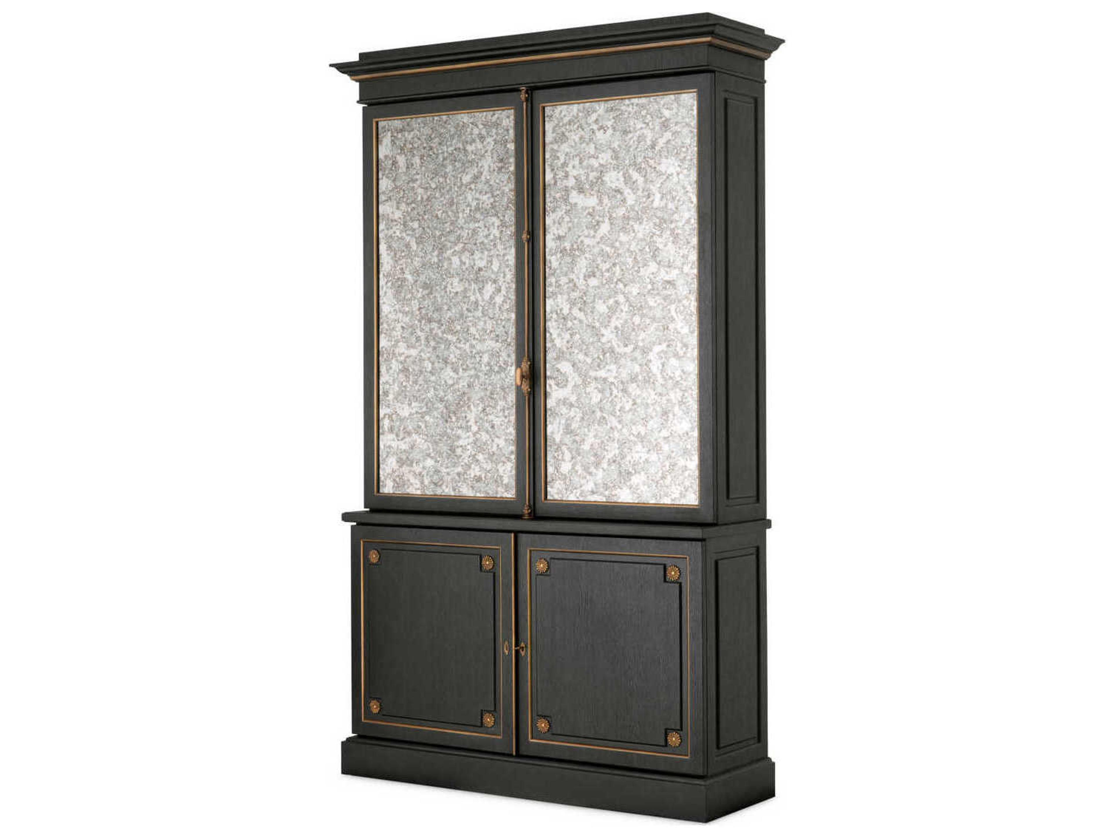 Eichholtz Kellam Solid Wood Black Antique Mirror Glass Bar Cabinet