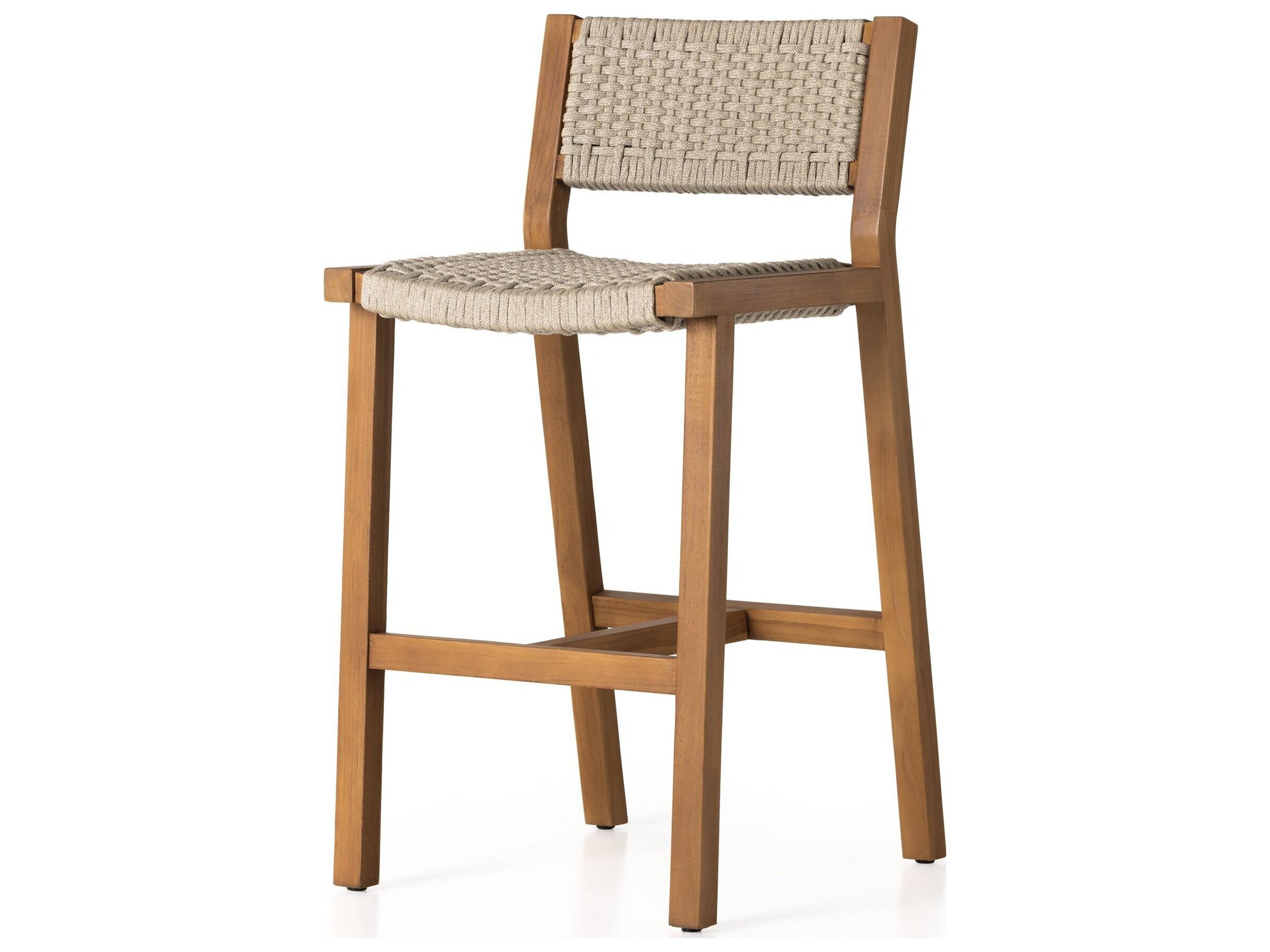 Four Hands Outdoor Solano Delano Natural Teak Rope Bar Stool in Ivory