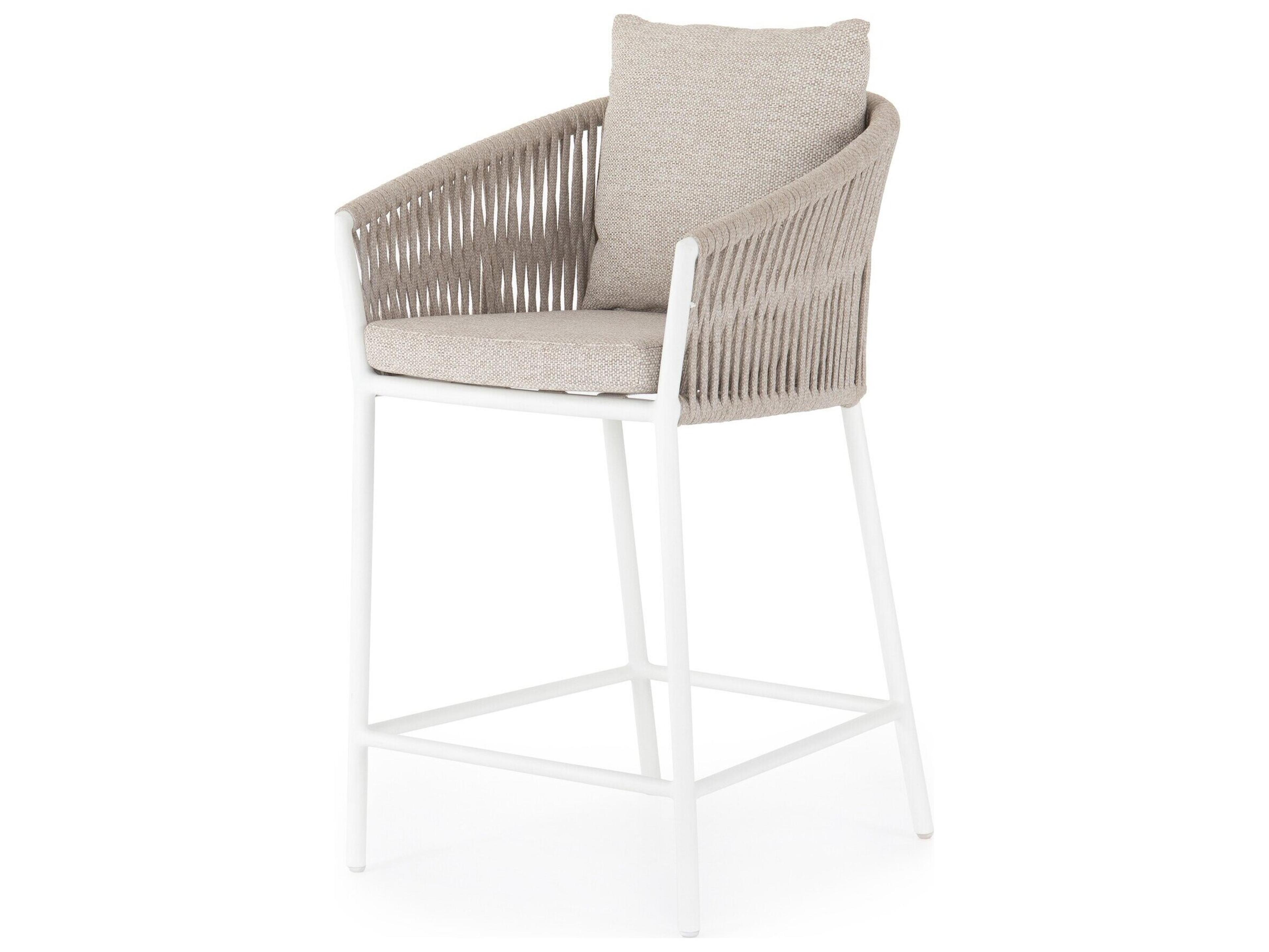Four Hands Outdoor Solano White Aluminum Ivory Rope Resin Counter Stool with Faye Sand Cushion