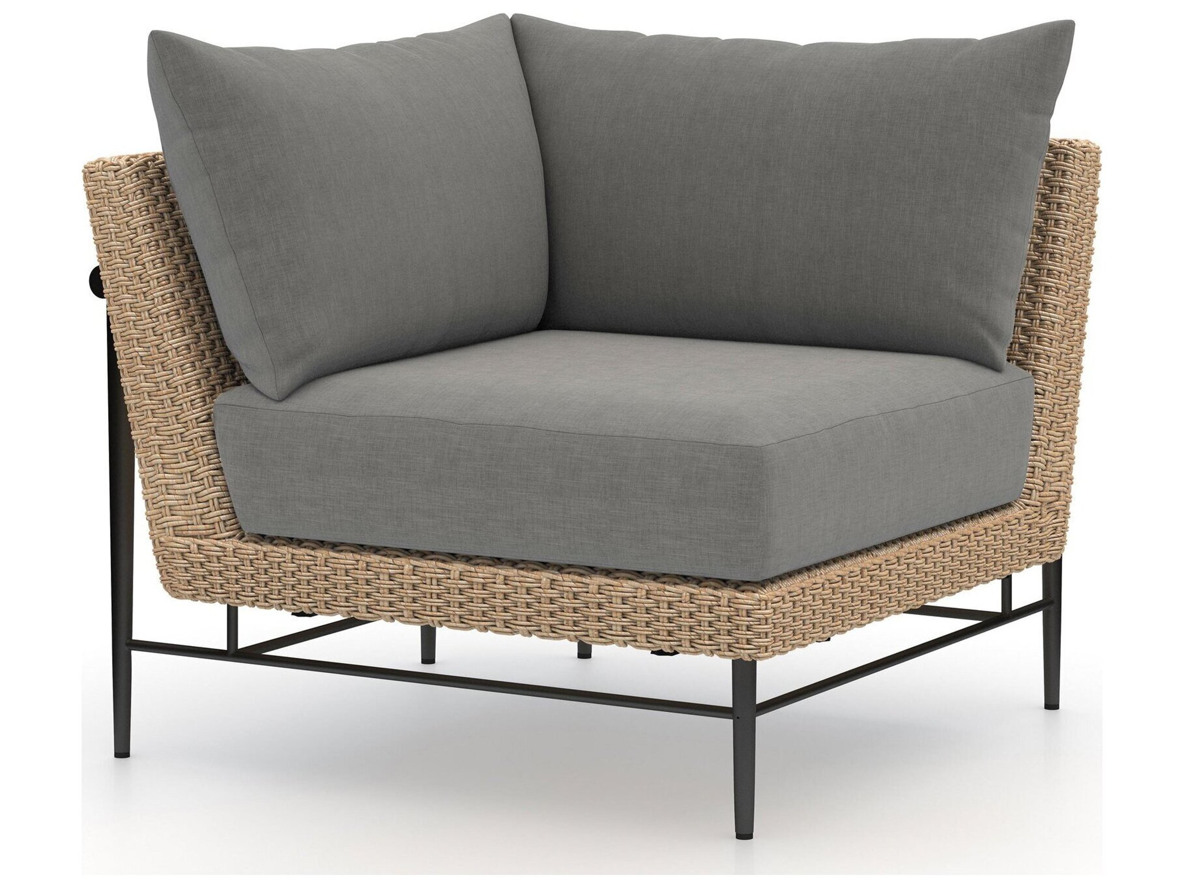 Four Hands Outdoor Solano Natural Hyacinth / Washed Brown Bronze Aluminum Resin Teak Corner Lounge Chair with Charcoal Cushion