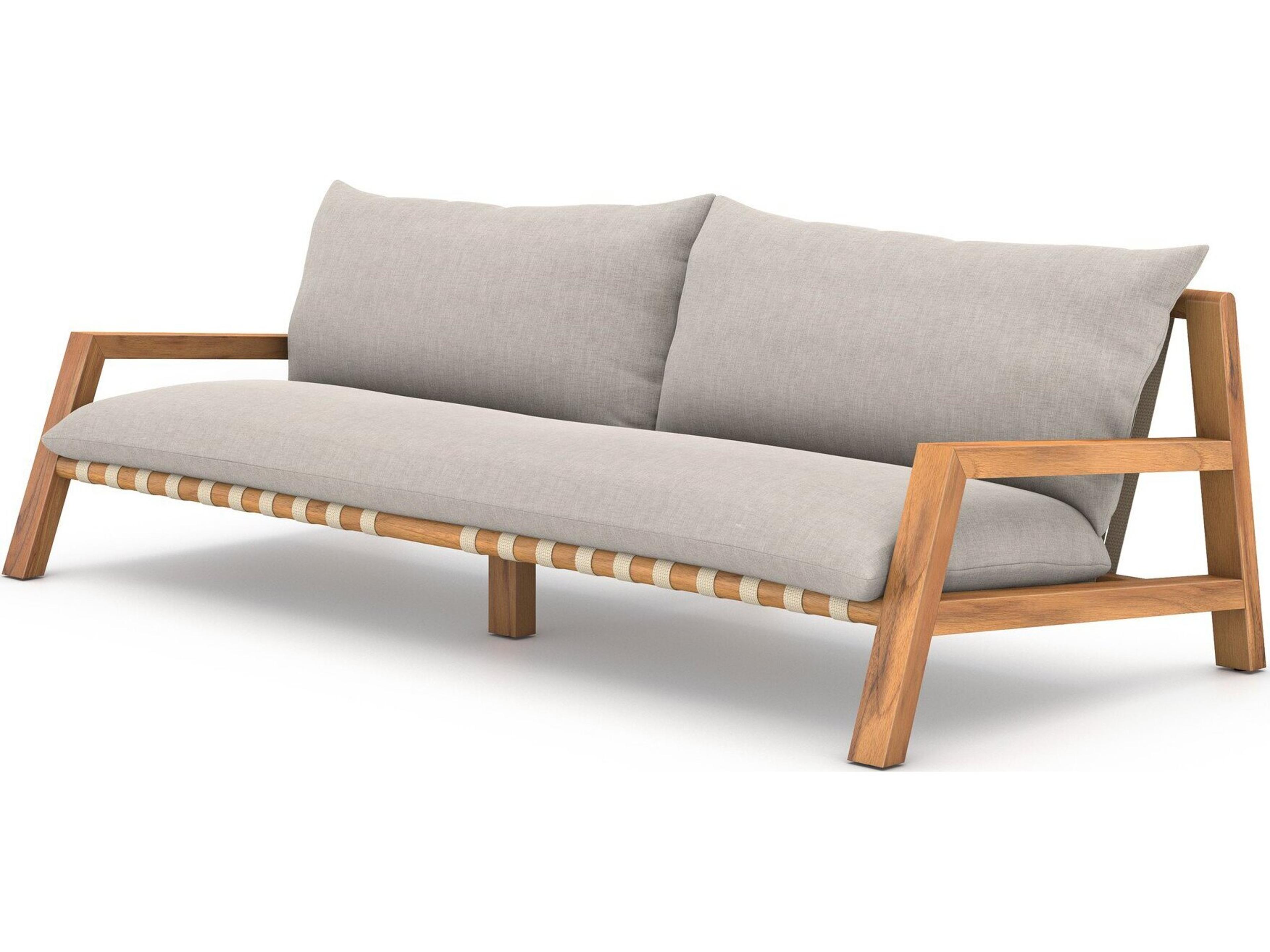 Four Hands Outdoor Solano Natural Teak / Ivory Strap Sofa with Stone Grey Cushion