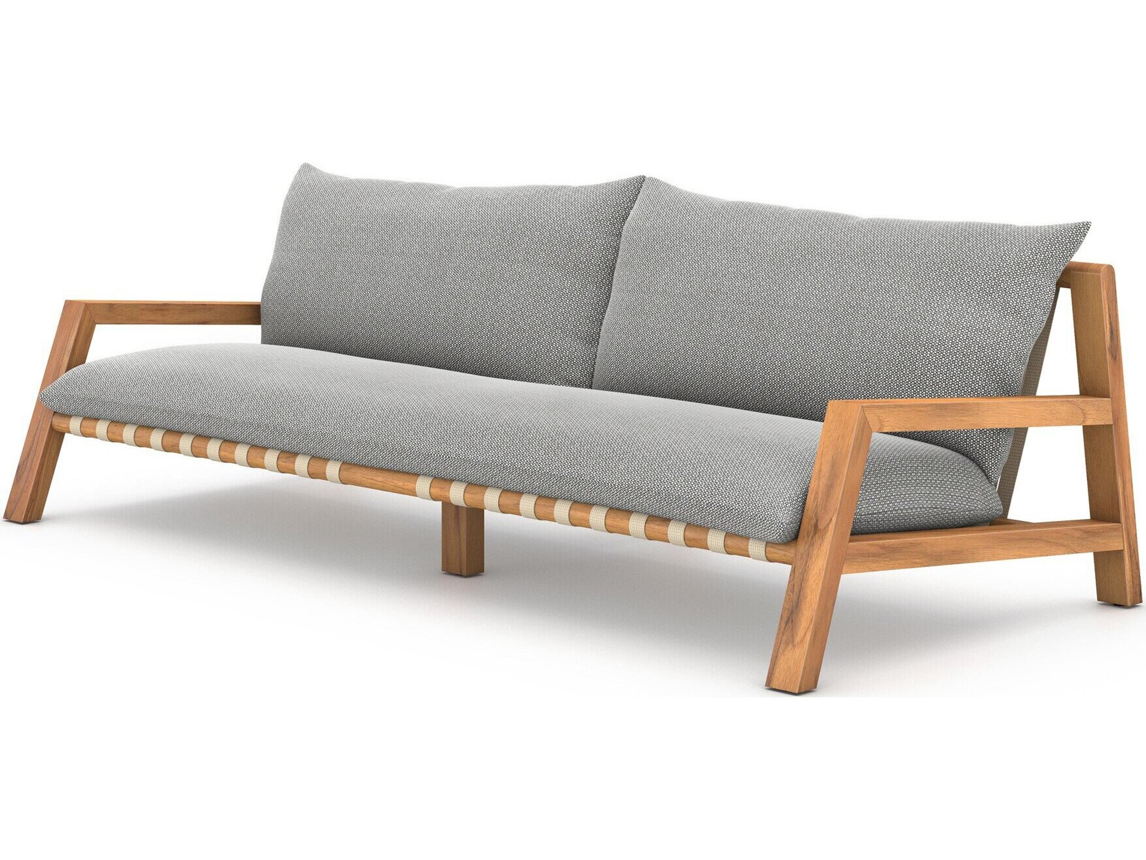 Four Hands Outdoor Solano Natural Teak / Ivory Strap Sofa with Faye Ash Cushion
