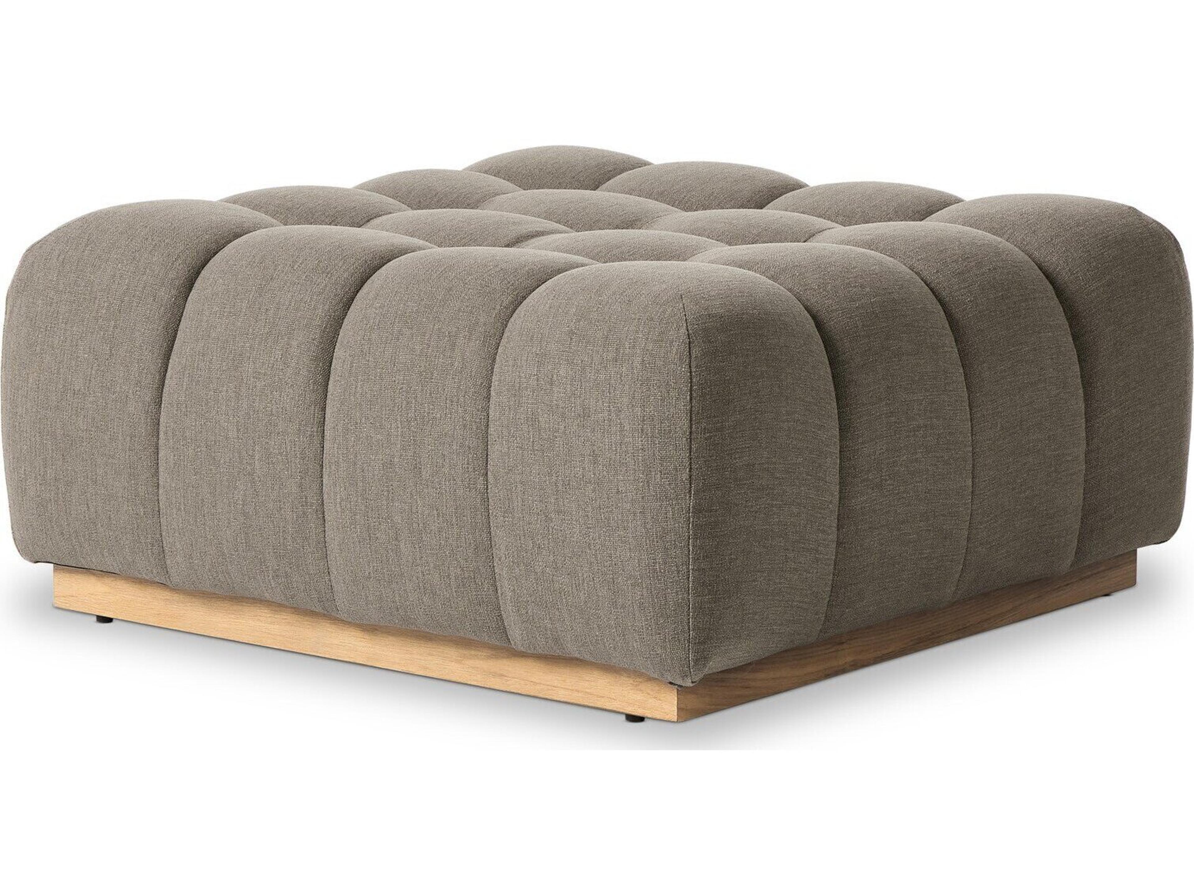 Four Hands Outdoor Solano Natural Teak Ottoman with Alessi Fawn Cushion