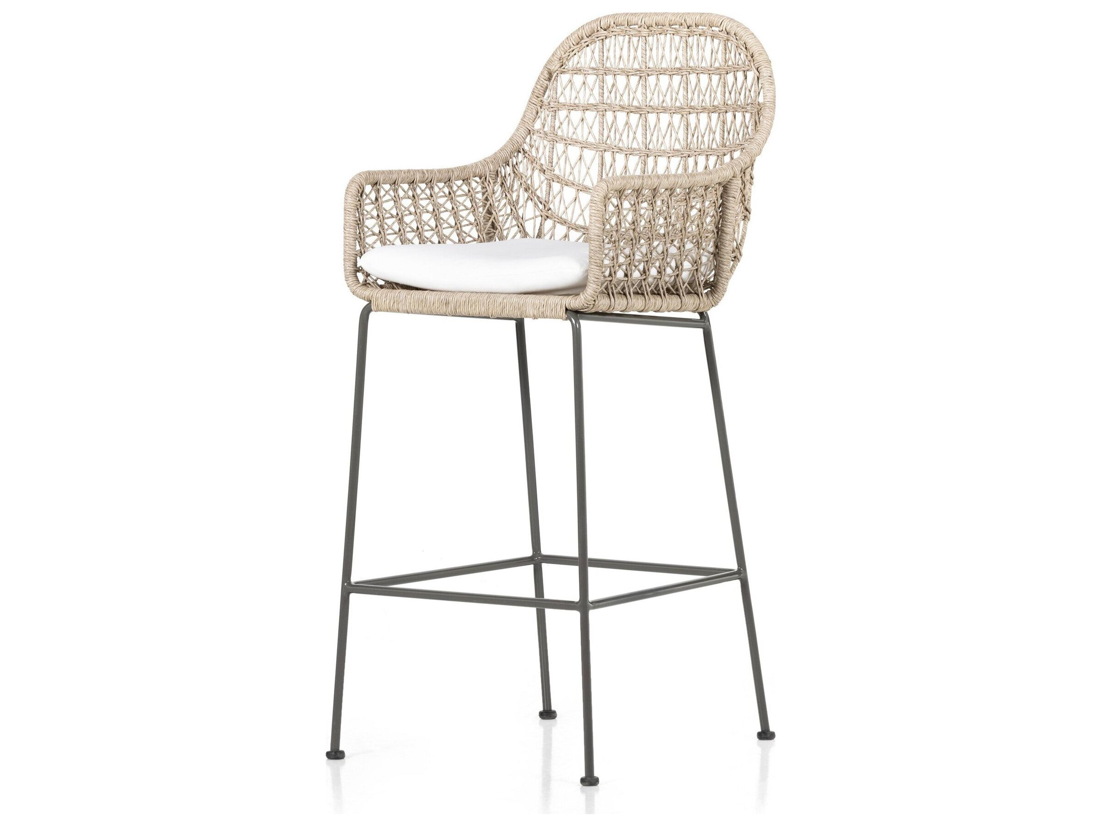 Four Hands Outdoor Grass Roots Vintage White / Grey Bronze Wrought Iron Bar Stool with Stinson White Cushion