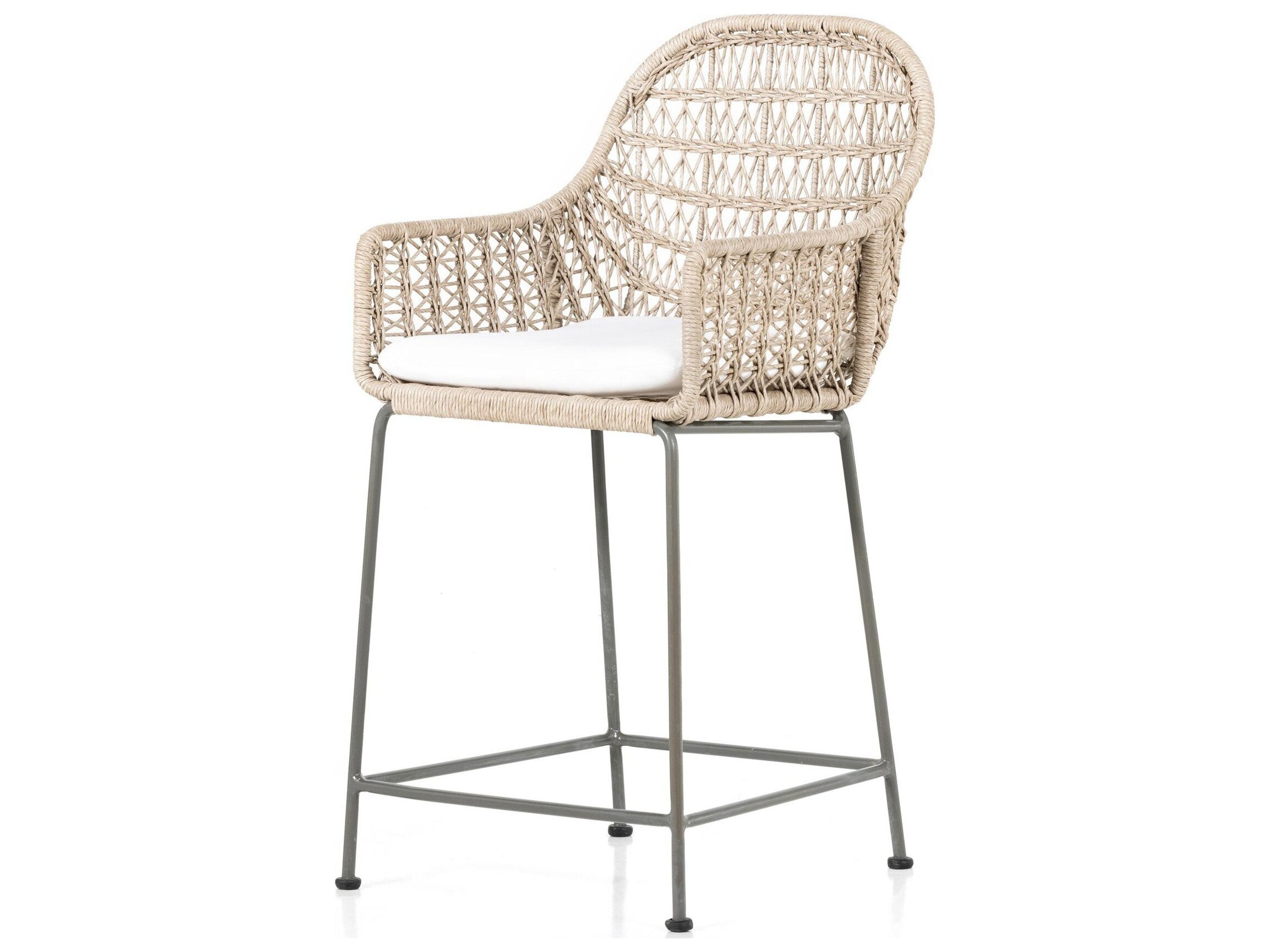 Four Hands Outdoor Grass Roots Vintage White / Grey Bronze Wrought Iron Counter Stool with Stinson White Cushion