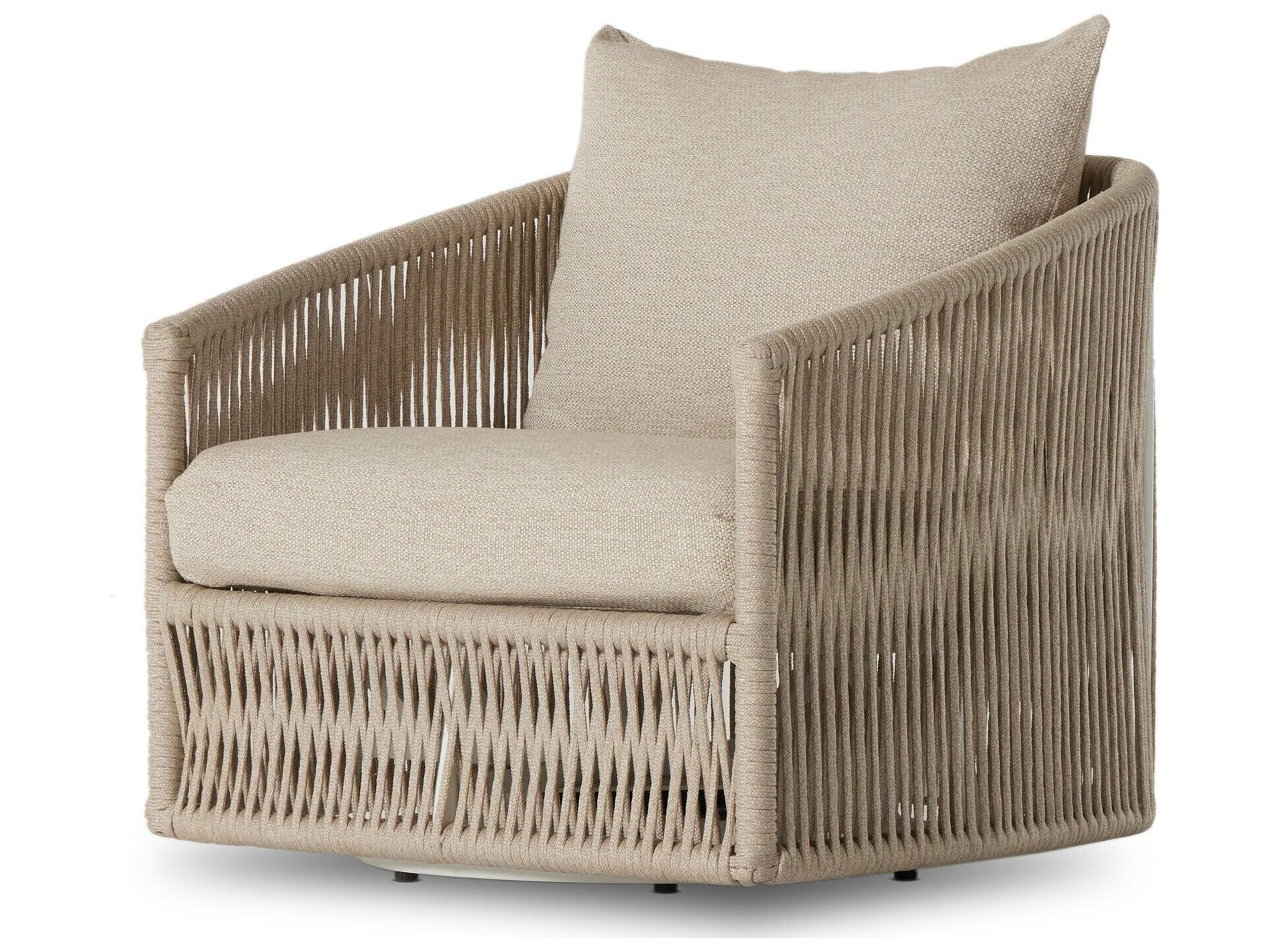 Four Hands Outdoor Solano White Aluminum / Ivory Rope Swivel Lounge Chair with Faye Sand Cushion