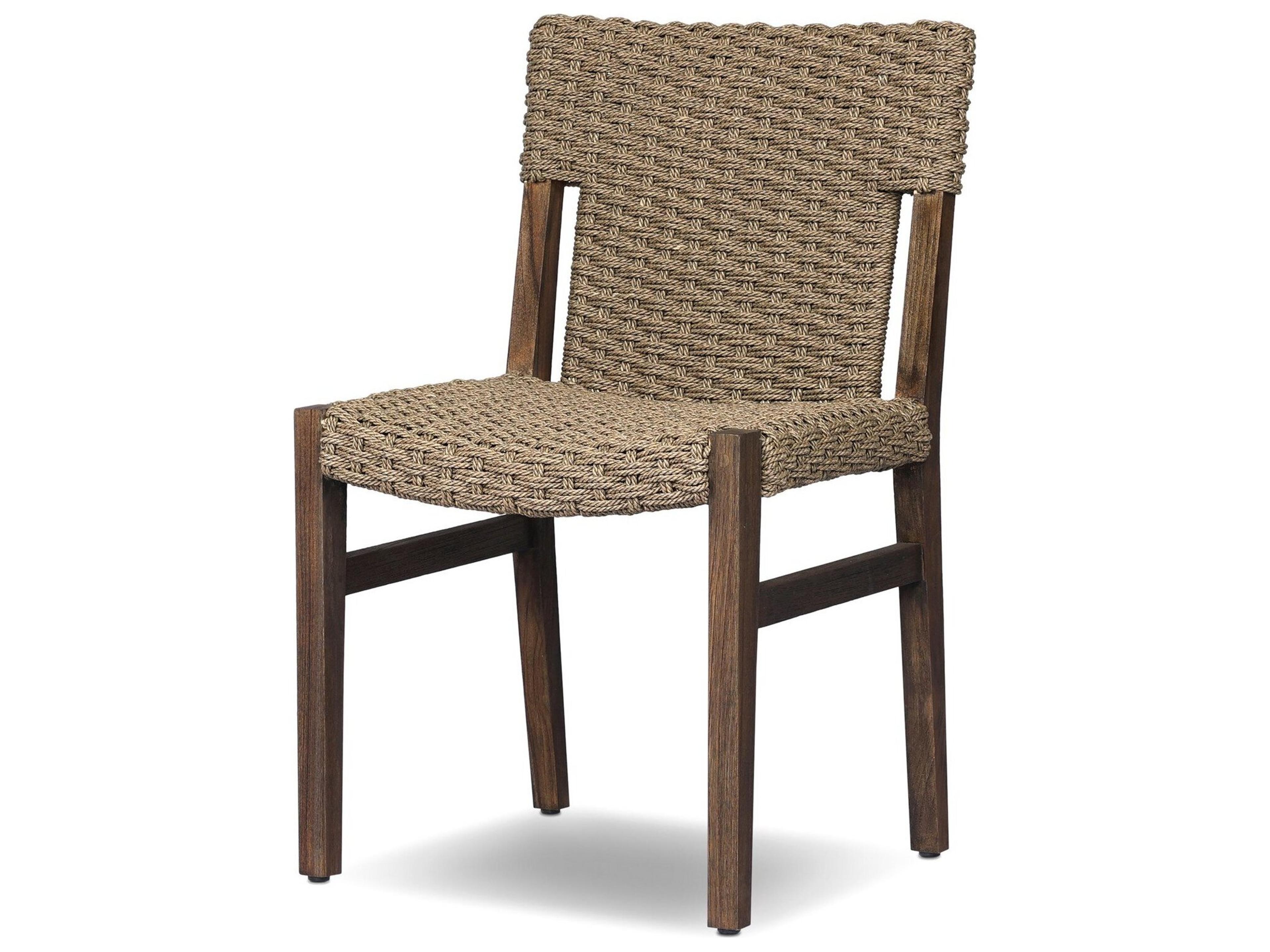Four Hands Outdoor Solano Cromwell Saddle Brown Teak Dining Side Chair in Dark Textured Woven