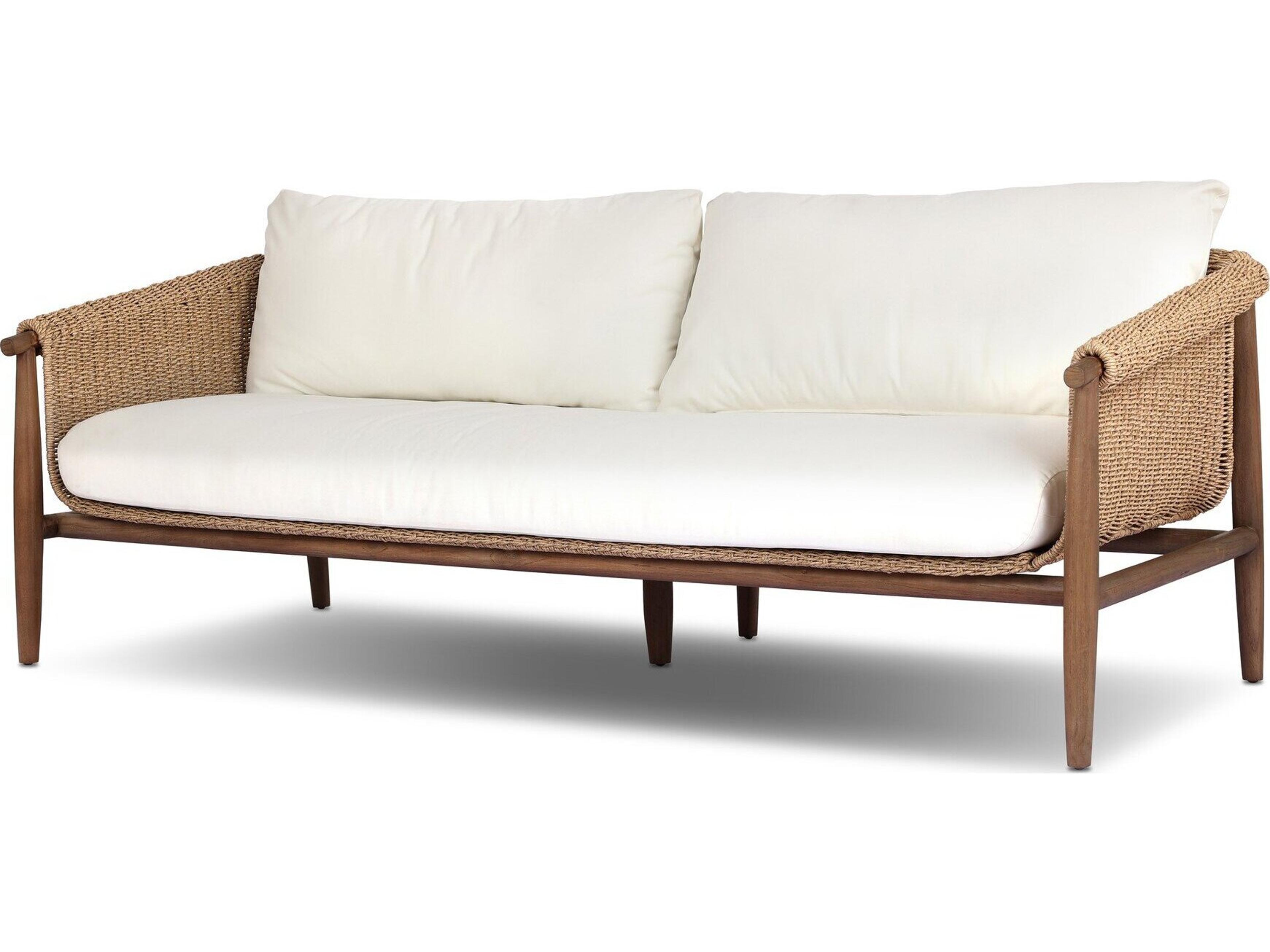 Four Hands Outdoor Grass Roots Cambrie Teak Wicker Cushion Sofa in Arashi Salt