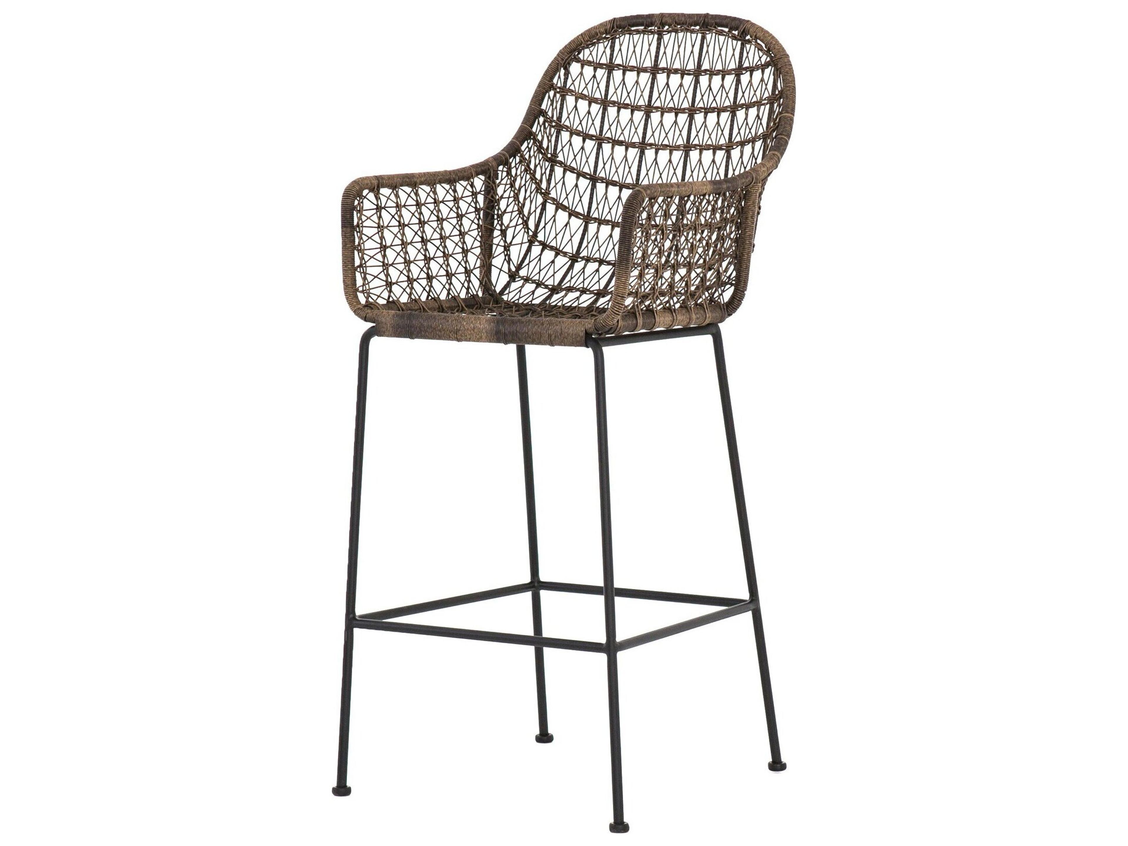 Four Hands Outdoor Grass Roots Natural Black / Distressed Grey Wrought Iron Wicker Bar Stool