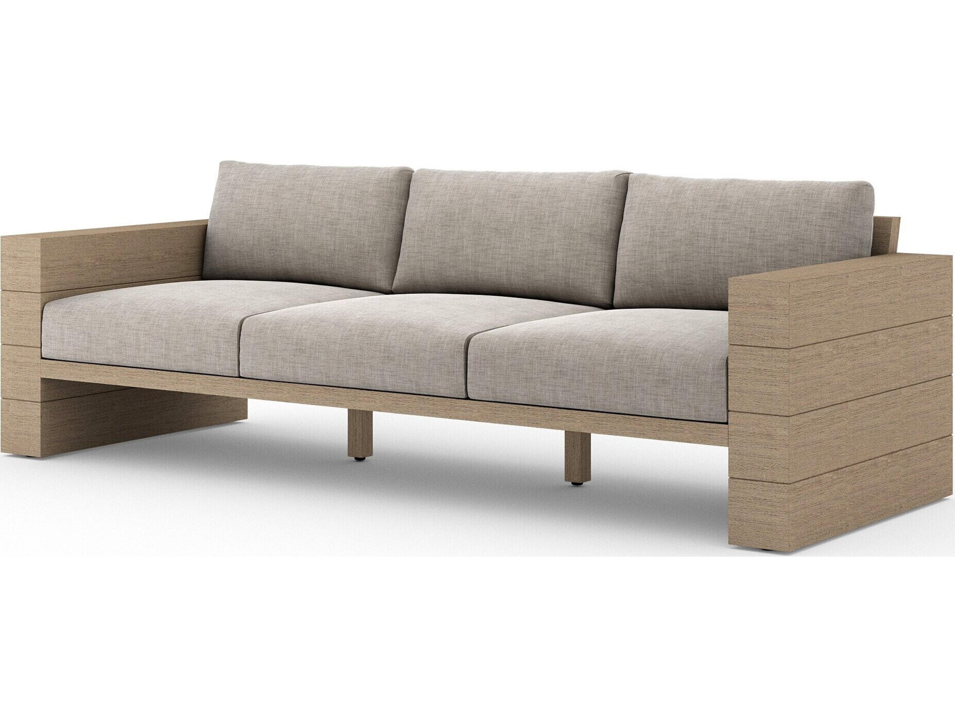 Four Hands Outdoor Grass Roots Leroy Washed Brown Teak Cushion Sofa in Stone Grey