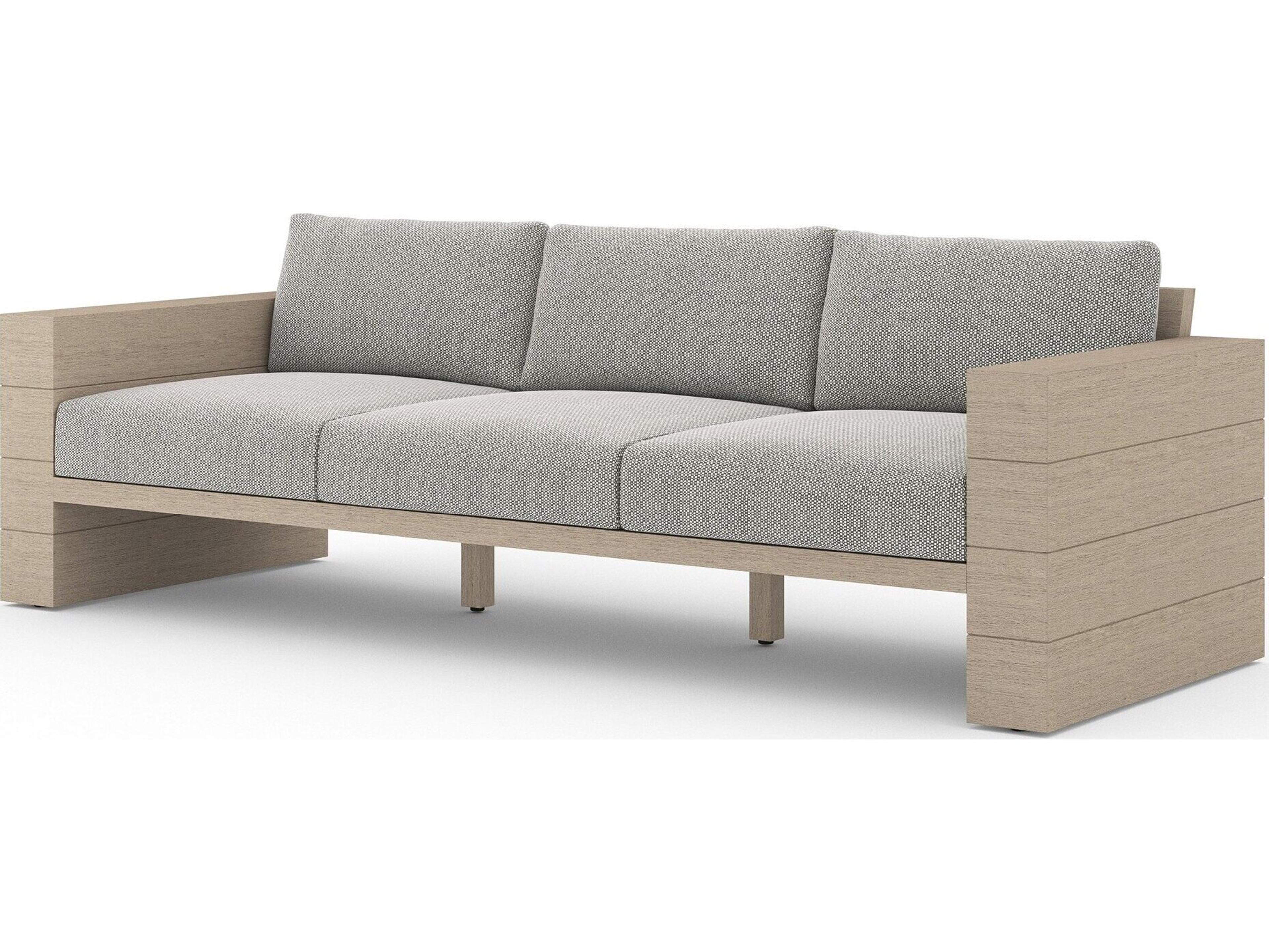 Four Hands Outdoor Grass Roots Leroy Washed Brown Teak Cushion Sofa in Fay Ash