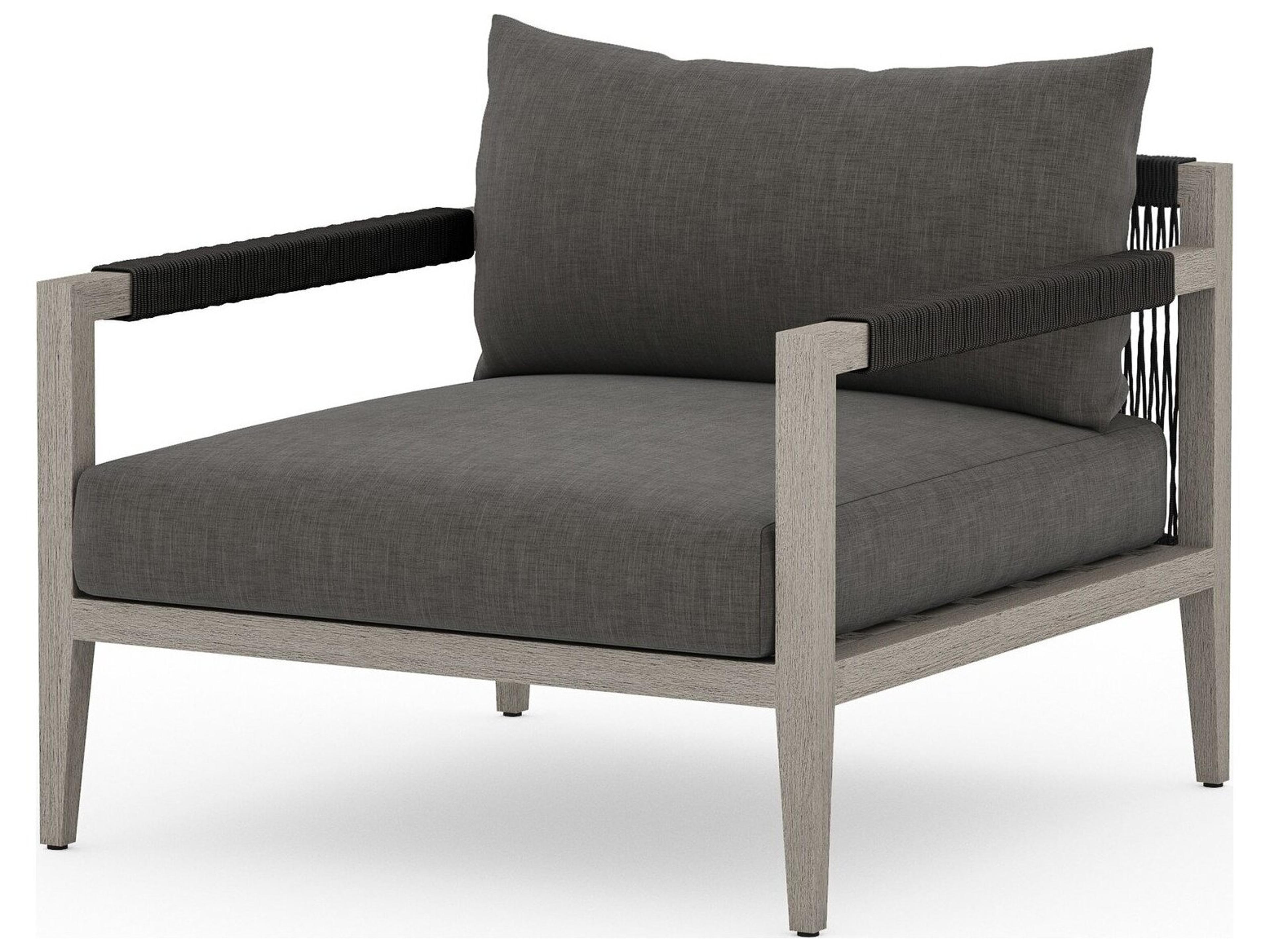 Four Hands Outdoor Solano Sherwood Weathered Grey Teak Cushion Lounge Chair in Charcoal