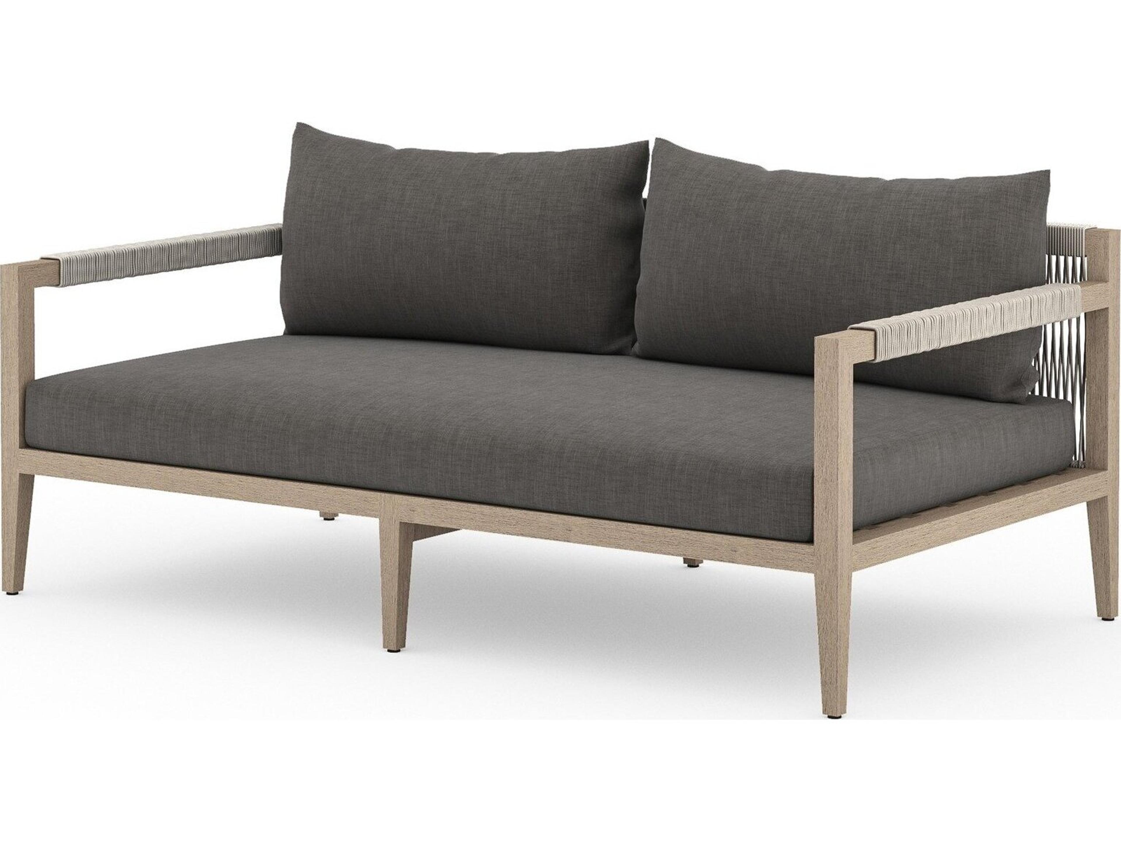 Four Hands Outdoor Solano Sherwood Washed Brown Teak Cushion 63" Sofa in Charcoal