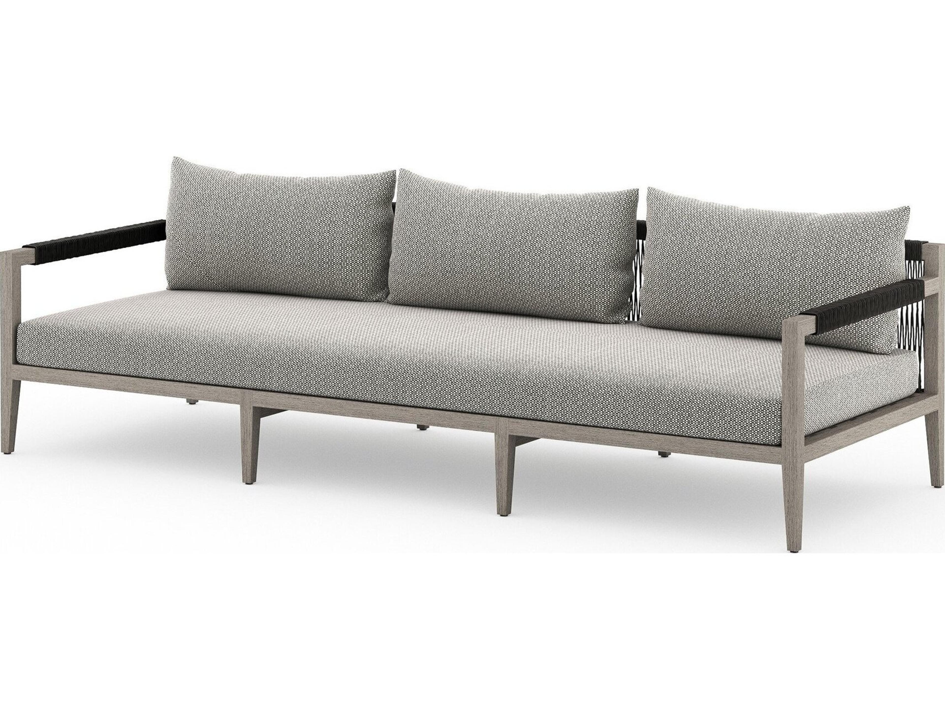 Four Hands Outdoor Solano Sherwood Weathered Grey Teak Cushion 93" Sofa in Faye Ash