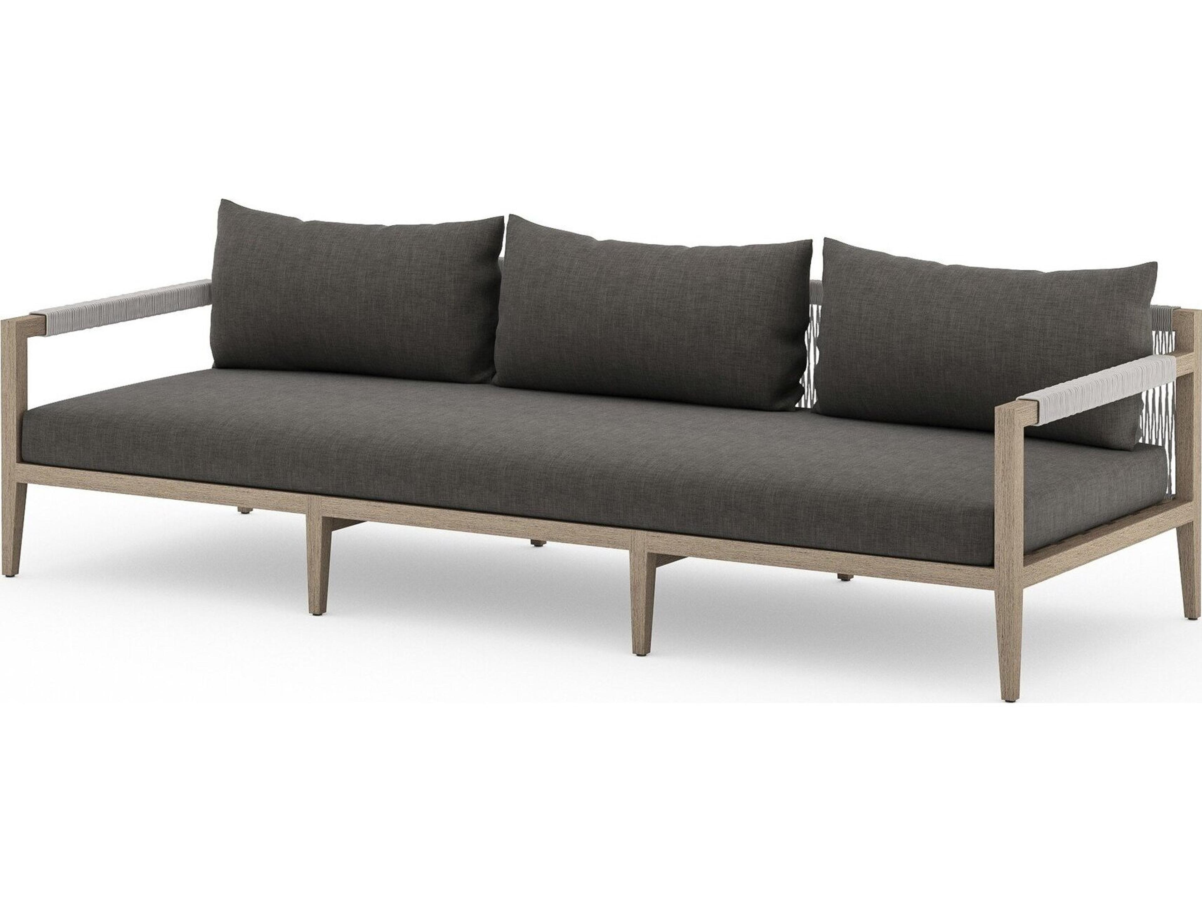 Four Hands Outdoor Solano Sherwood Washed Brown Teak Cushion 93" Sofa in Charcoal