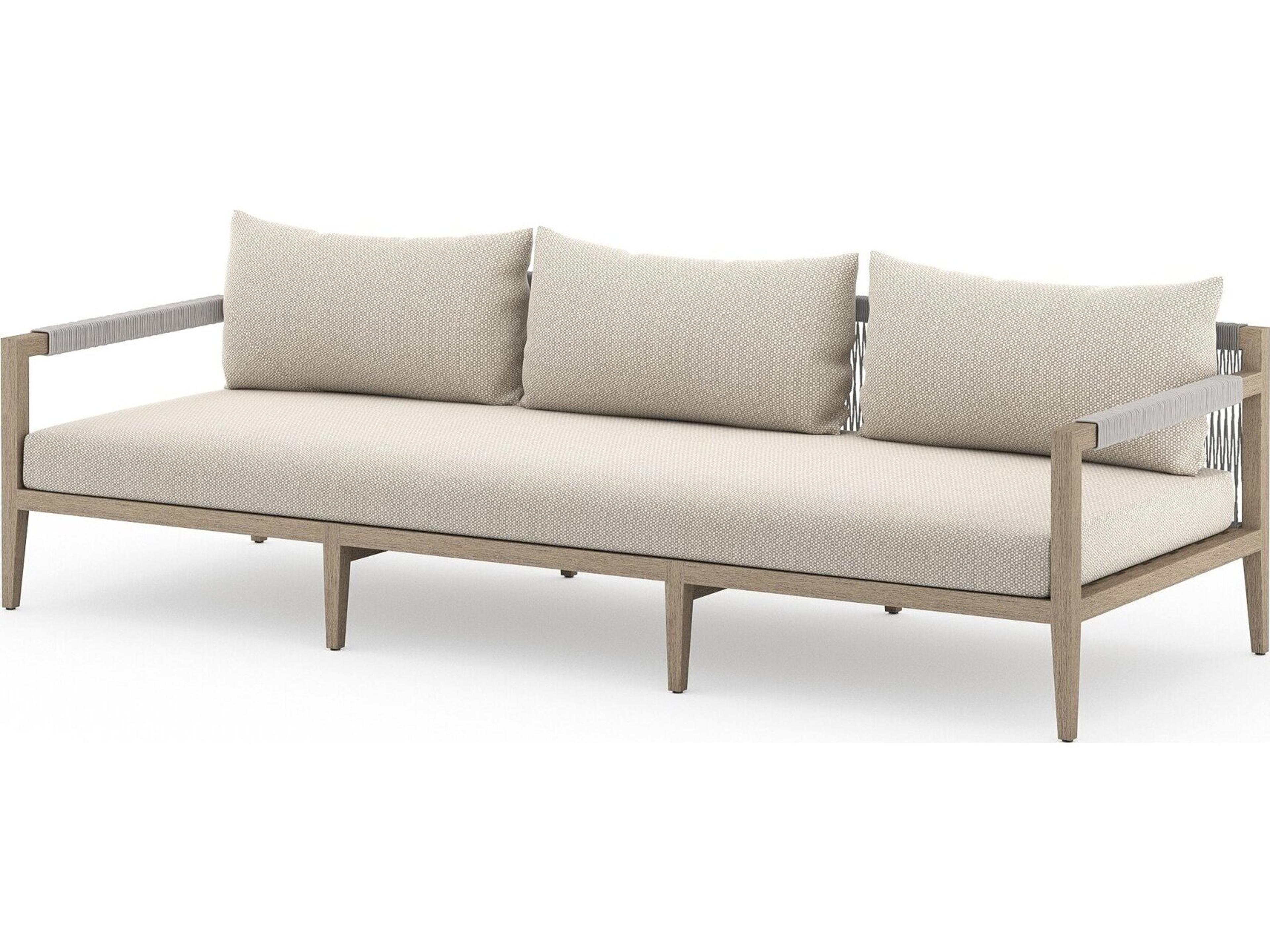 Four Hands Outdoor Solano Sherwood Washed Brown Teak Cushion 93" Sofa in Faye Sand