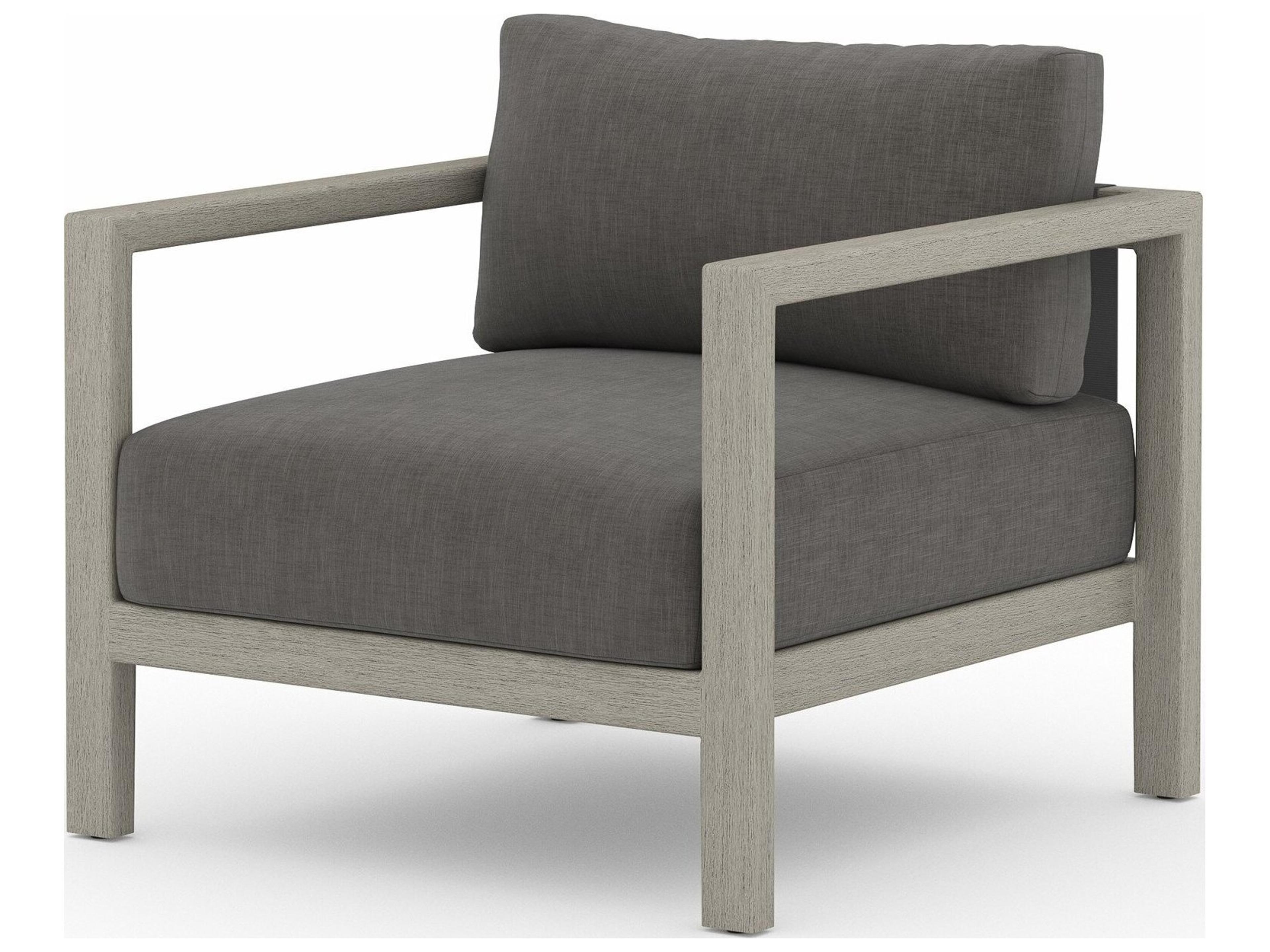 Four Hands Outdoor Solano Charcoal Weathered Grey Dark Strap Teak Cushion Lounge Chair