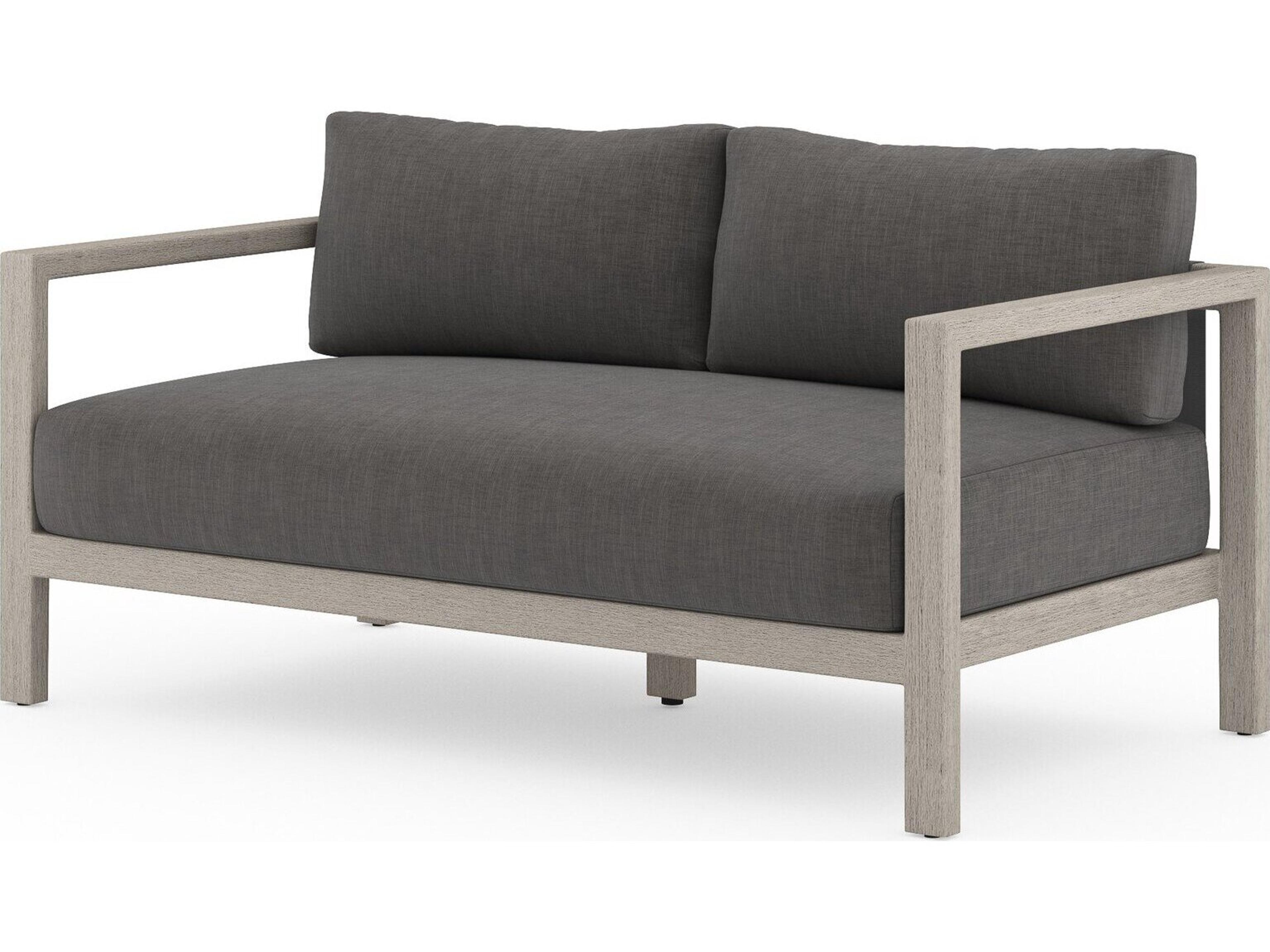 Four Hands Outdoor Solano Charcoal Weathered Grey Dark Strap Teak Cushion Loveseat