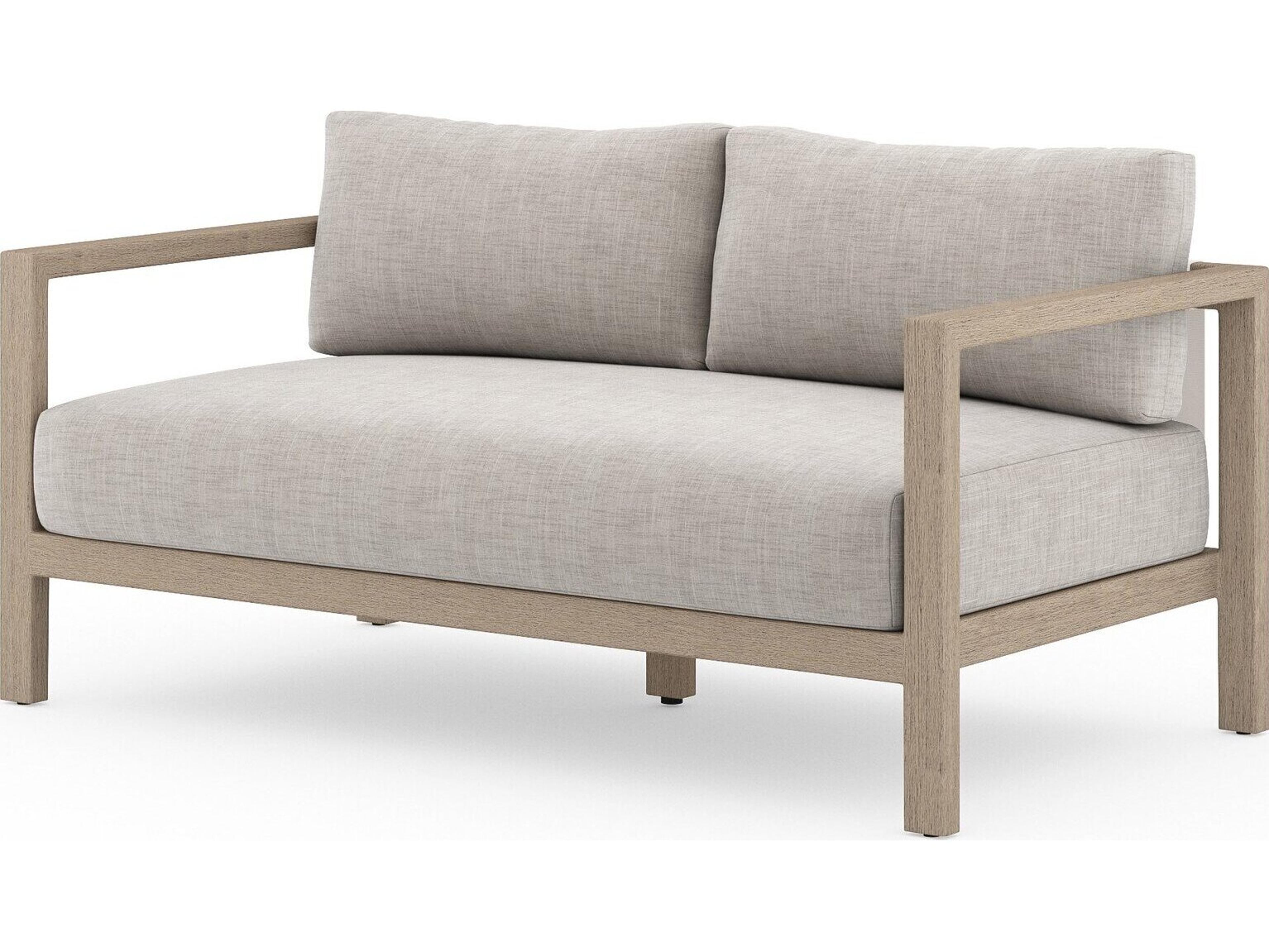 Four Hands Outdoor Solano Sonoma Washed Brown Teak Cushion 60" Sofa in Stone Grey