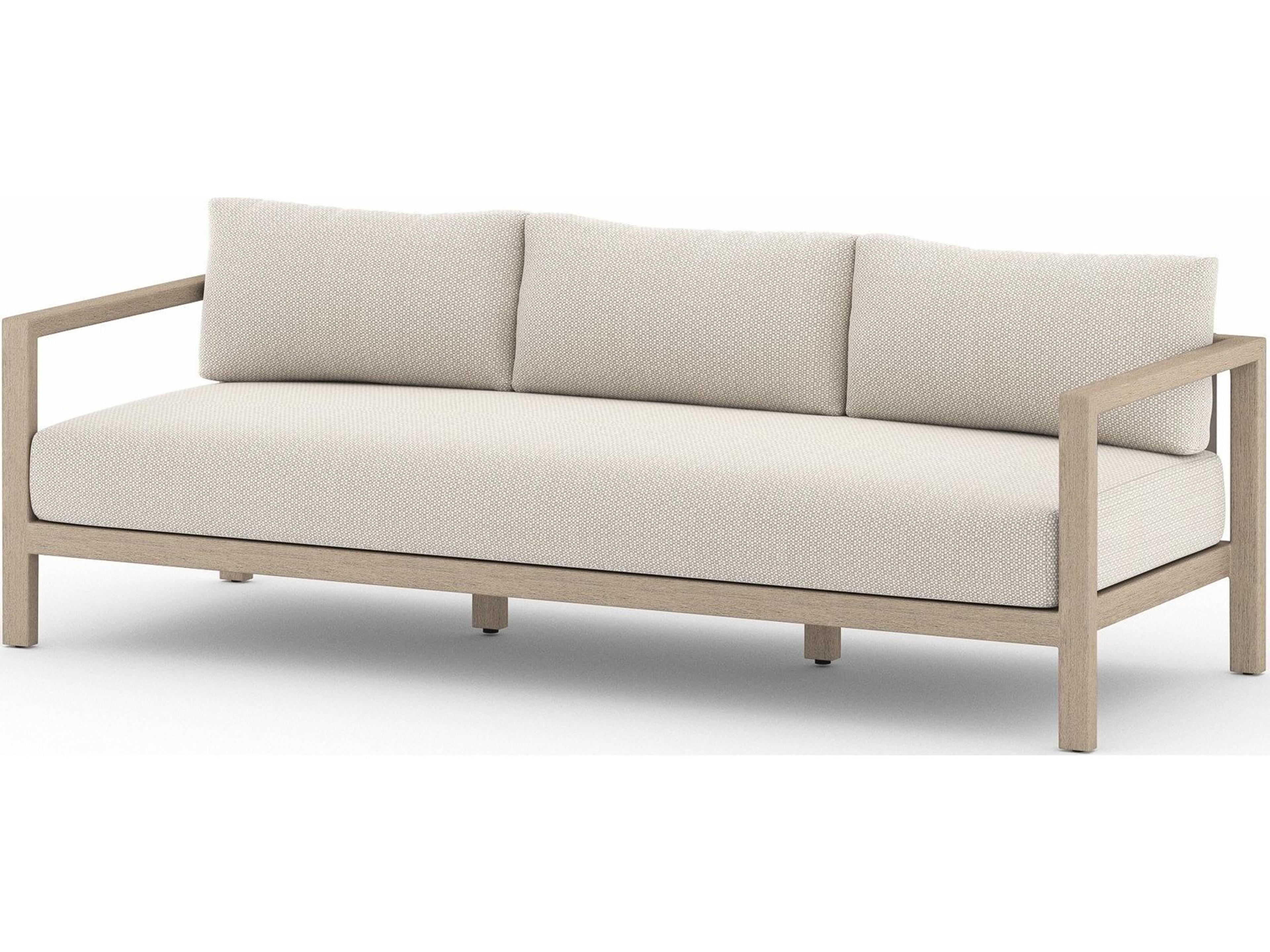 Four Hands Outdoor Solano Sonoma Washed Brown Teak Cushion 88" Sofa in Faye Sand