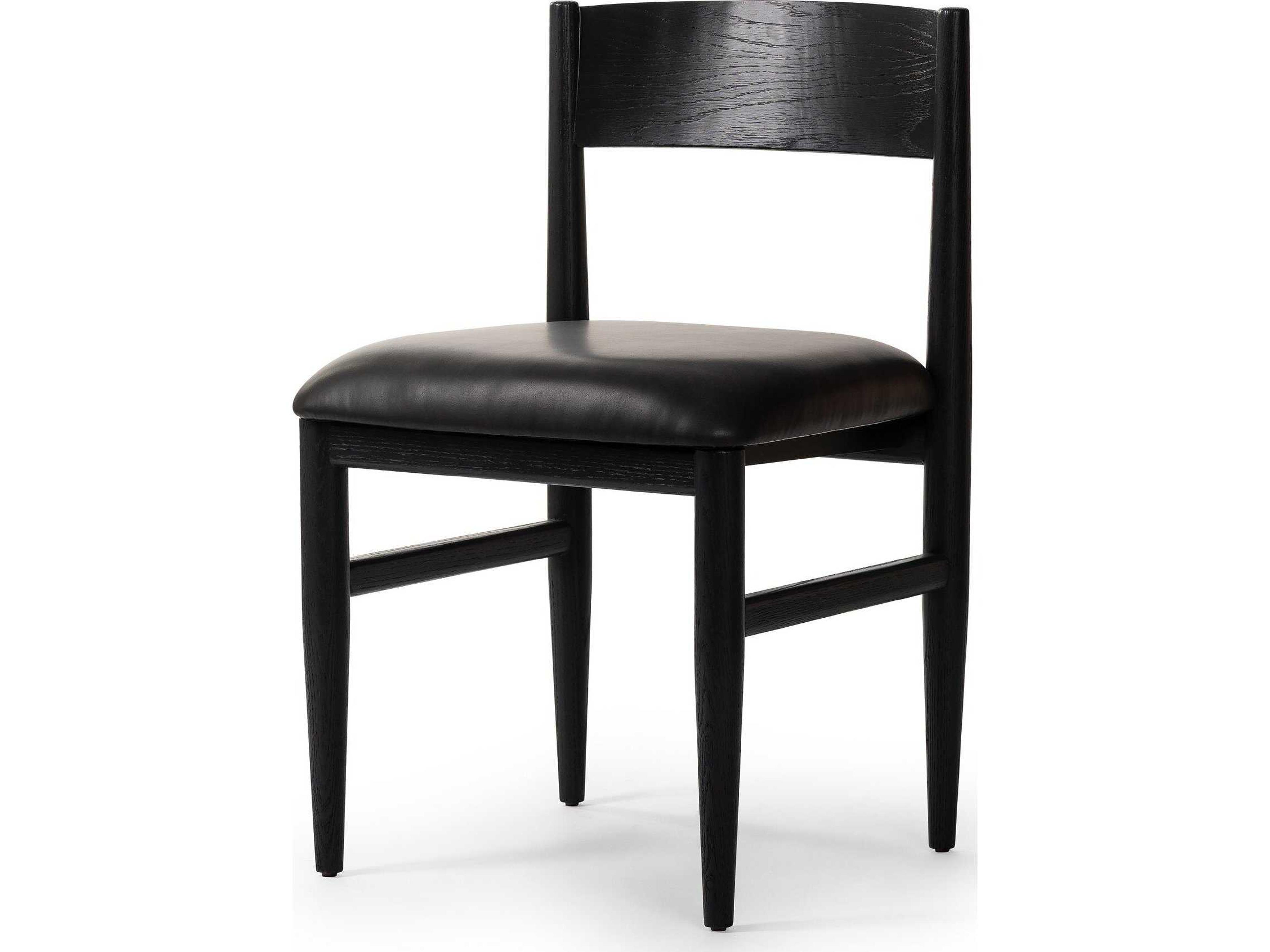 Four Hands Ashford Oak Wood Black Faux Leather Side Dining Chair