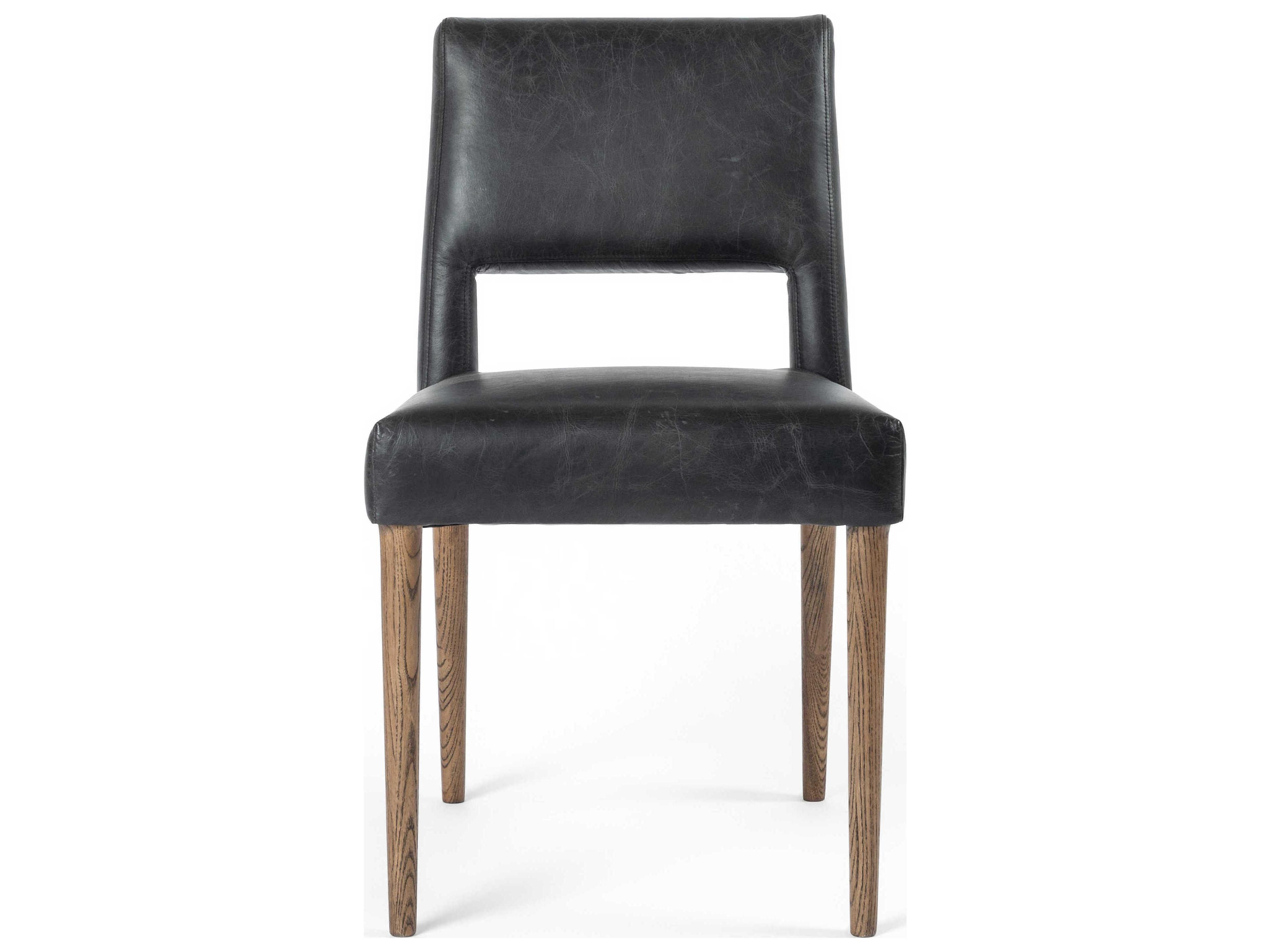 Four Hands Ashford Joseph Leather Solid Wood Black Upholstered Side Dining Chair