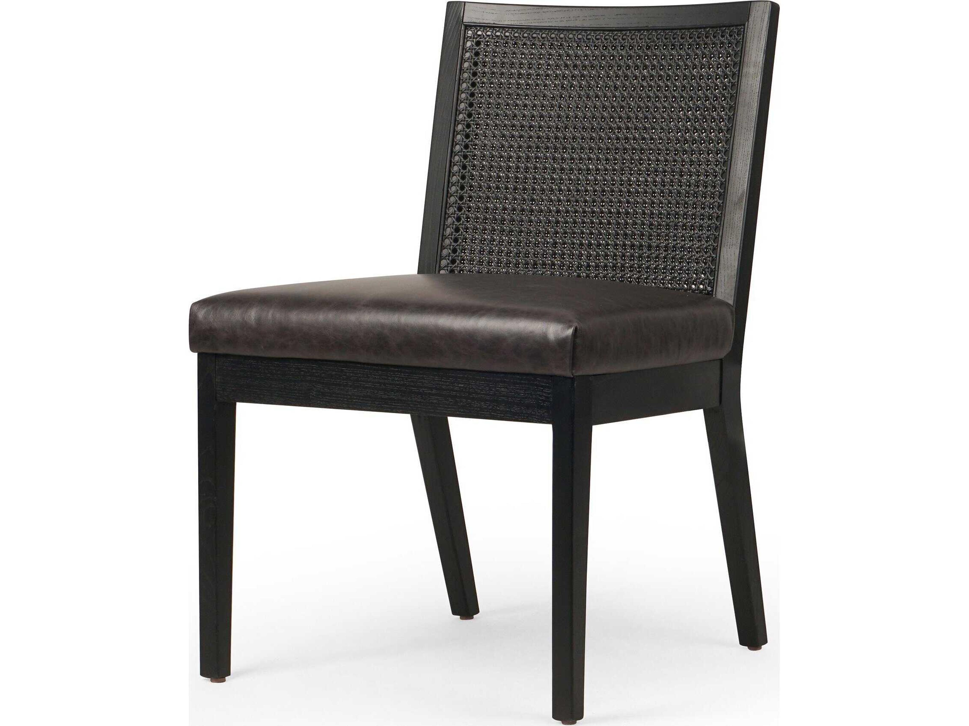 Four Hands Keston Antonia Sonoma Black Leather Cane Armless Dining Chair
