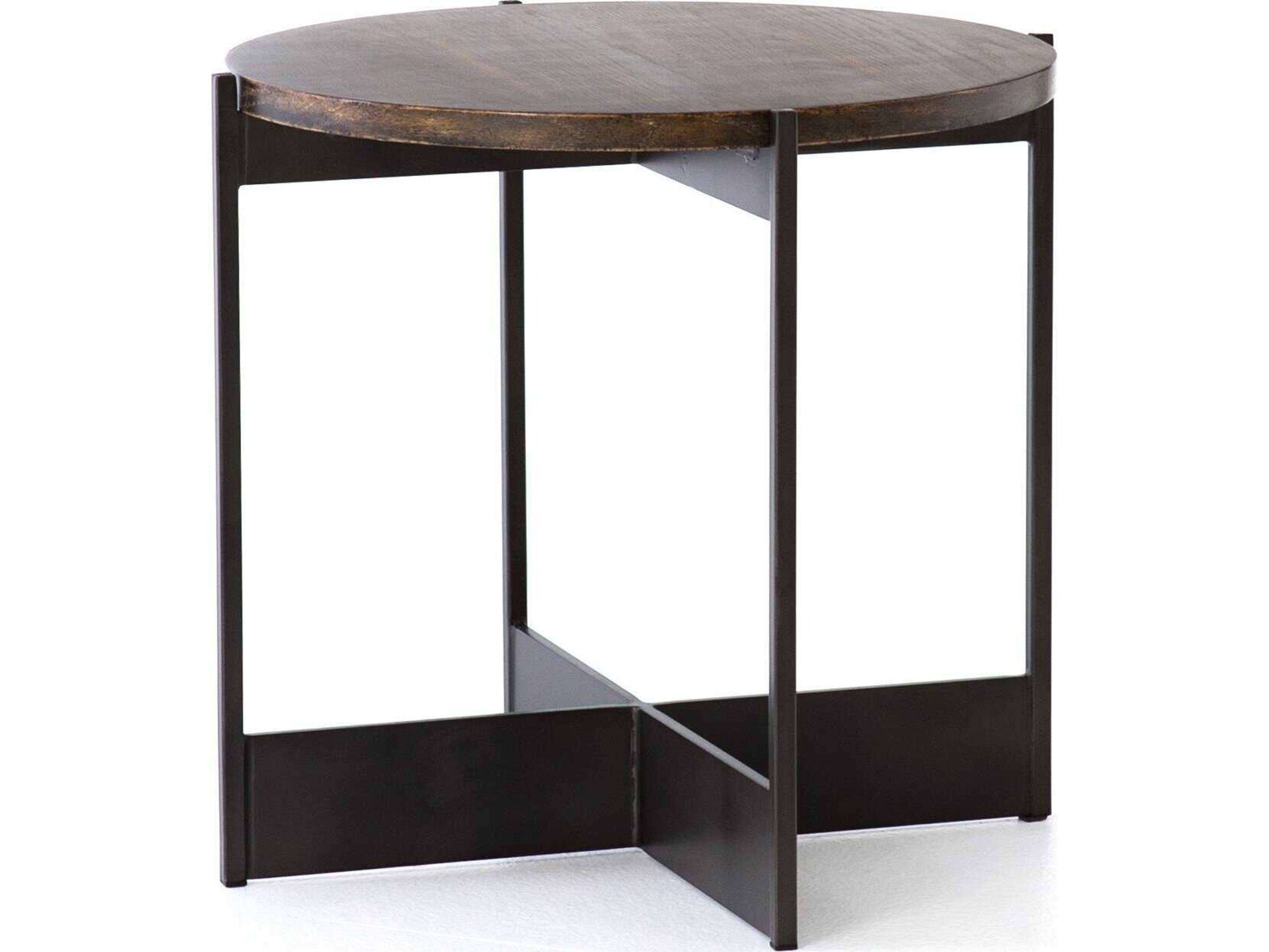 Four Hands Hughes Shannon Round Wood Smoke Grey English Brown Oak Veneer End Table