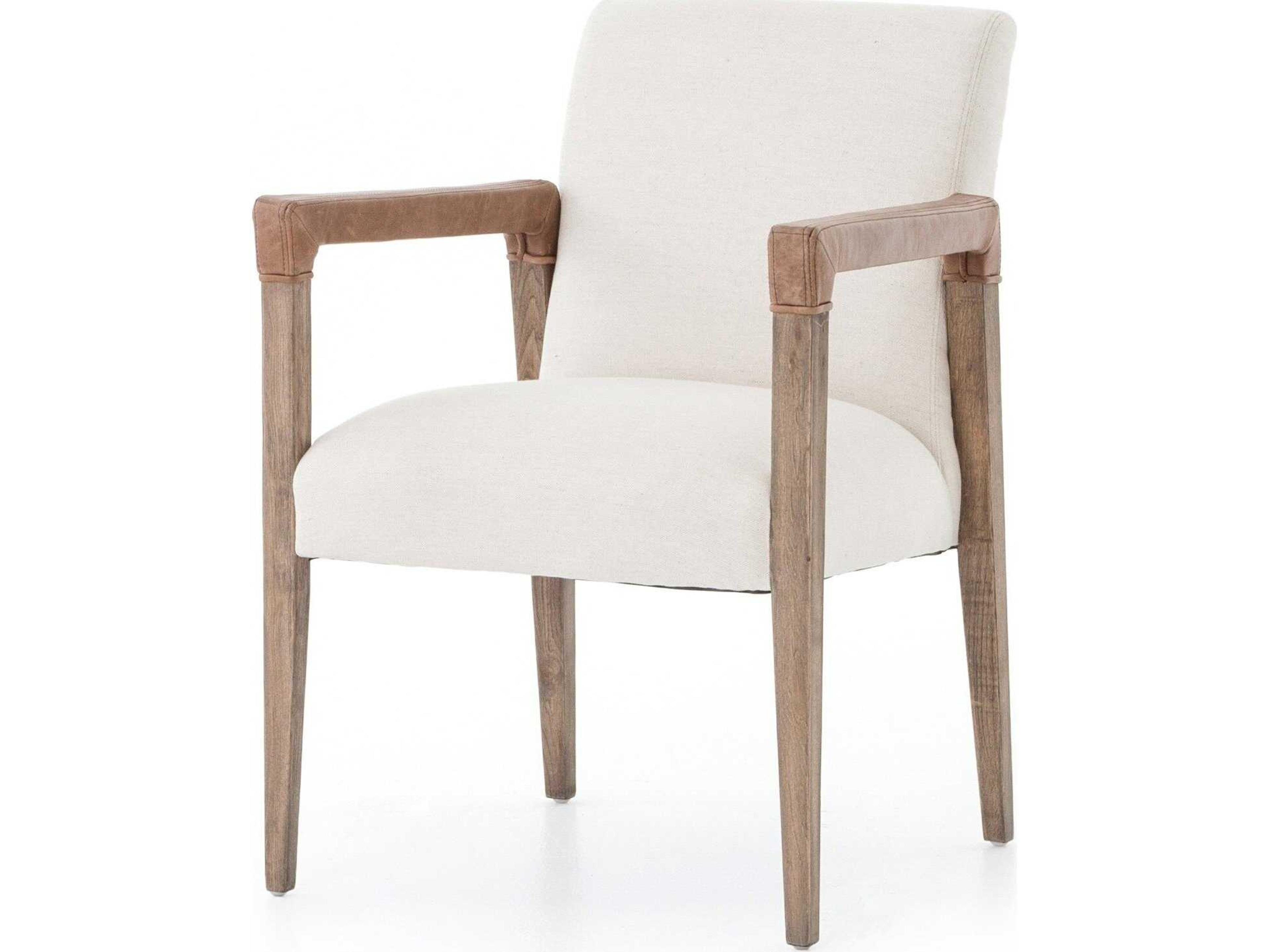 Four Hands Abbott Reuben Leather Solid Wood White Upholstered Arm Dining Chair