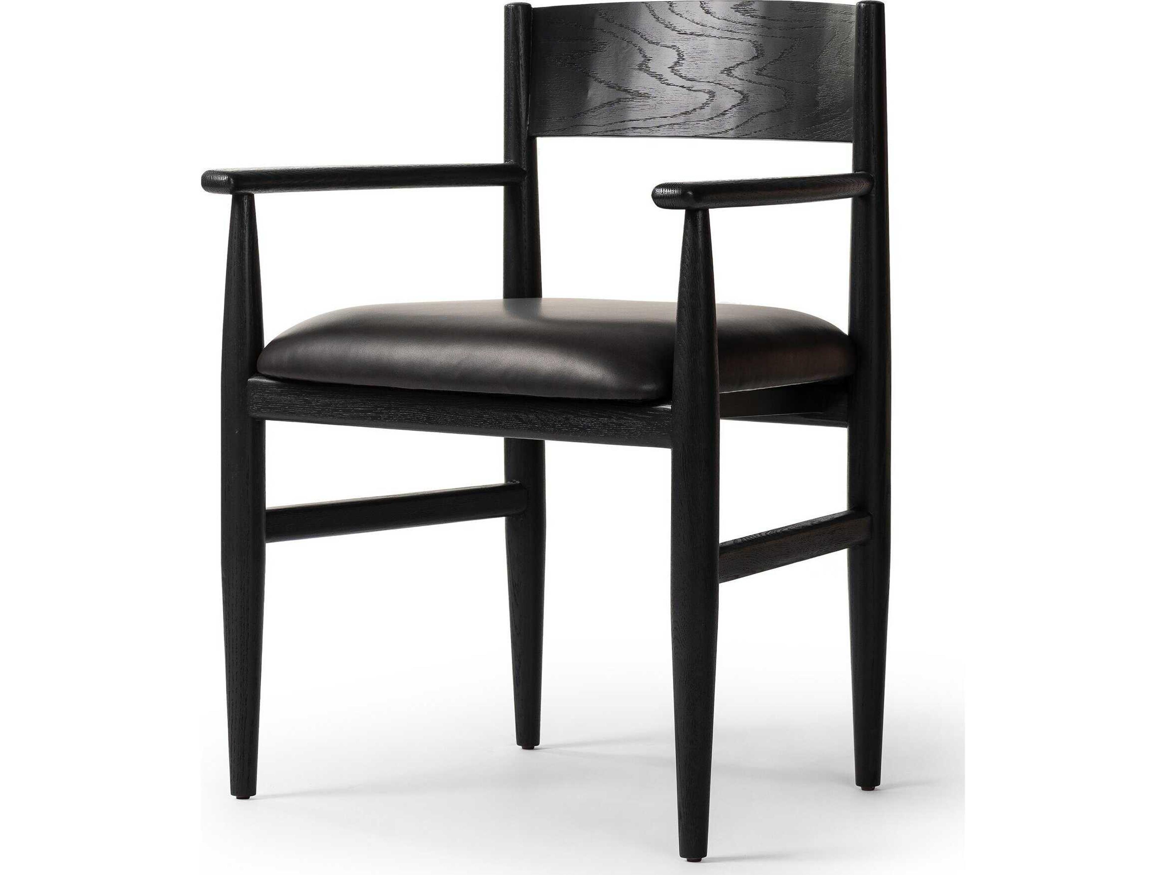 Four Hands Ashford Oak Wood Black Faux Leather Arm Dining Chair