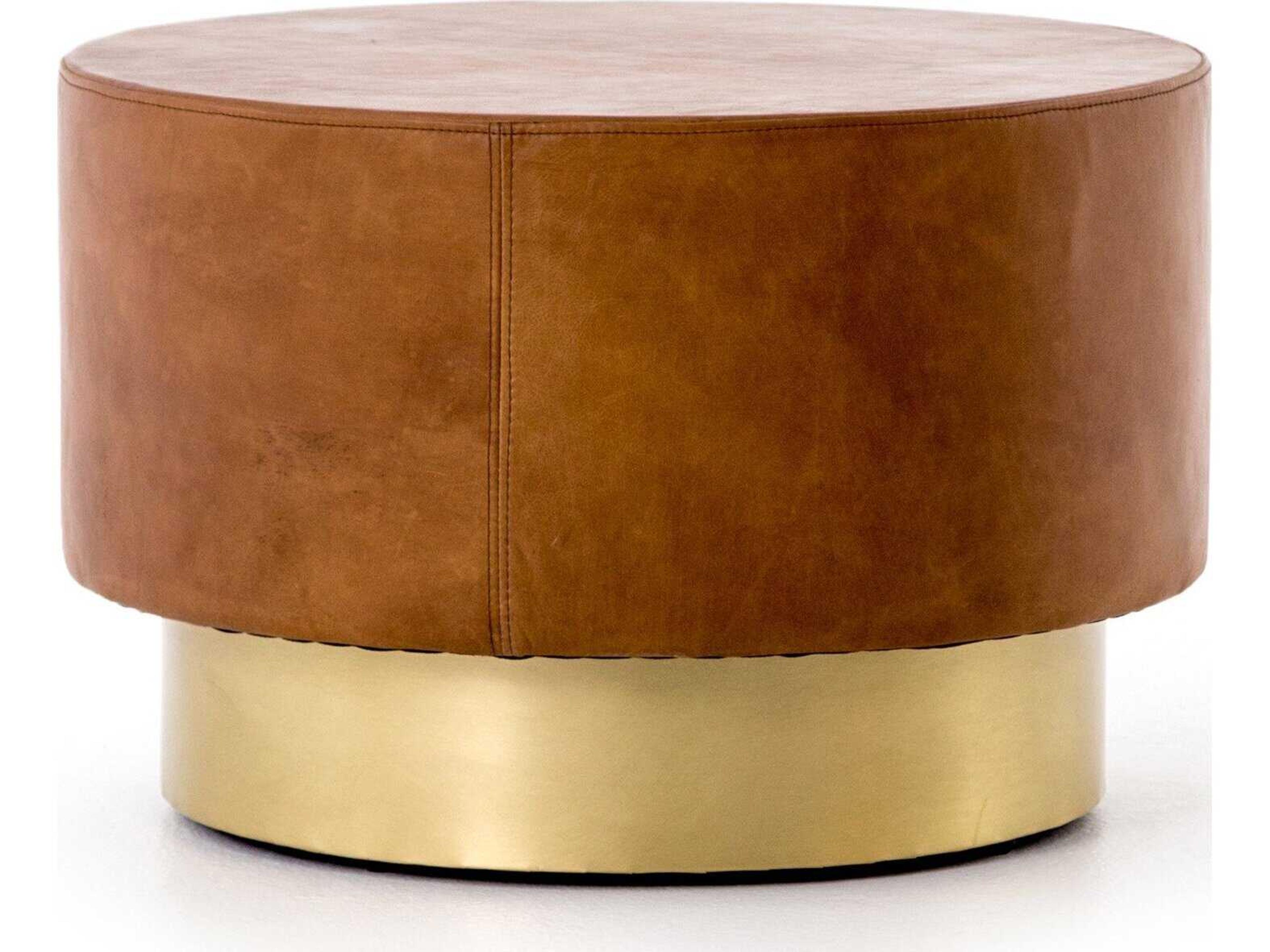 Four Hands Bishop Flint Patina Copper Bright Brass Brown Leather Ottoman