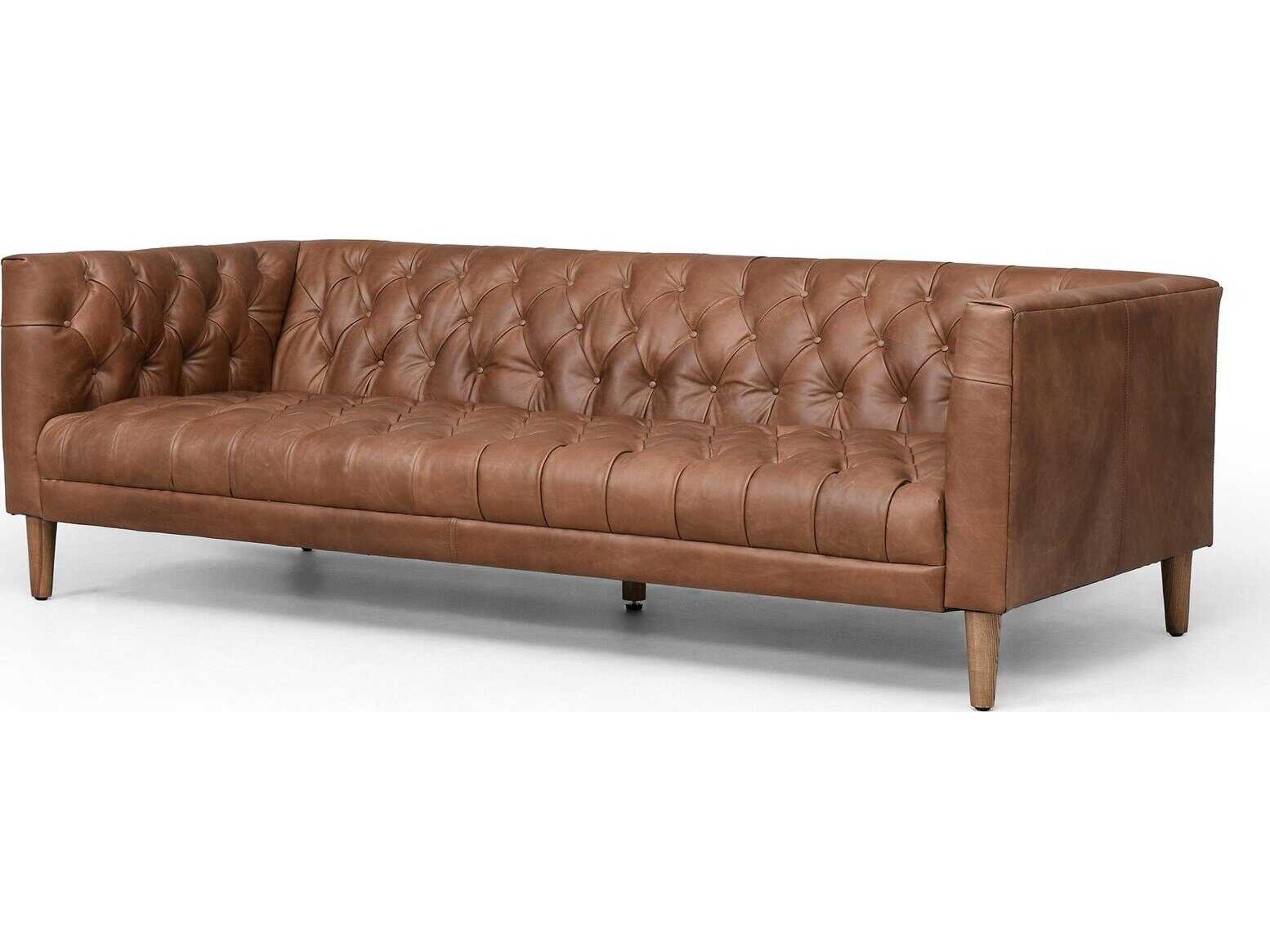 Four Hands Carnegie Natural Washed Chocolate Weathered Oak Brown Leather Loveseat