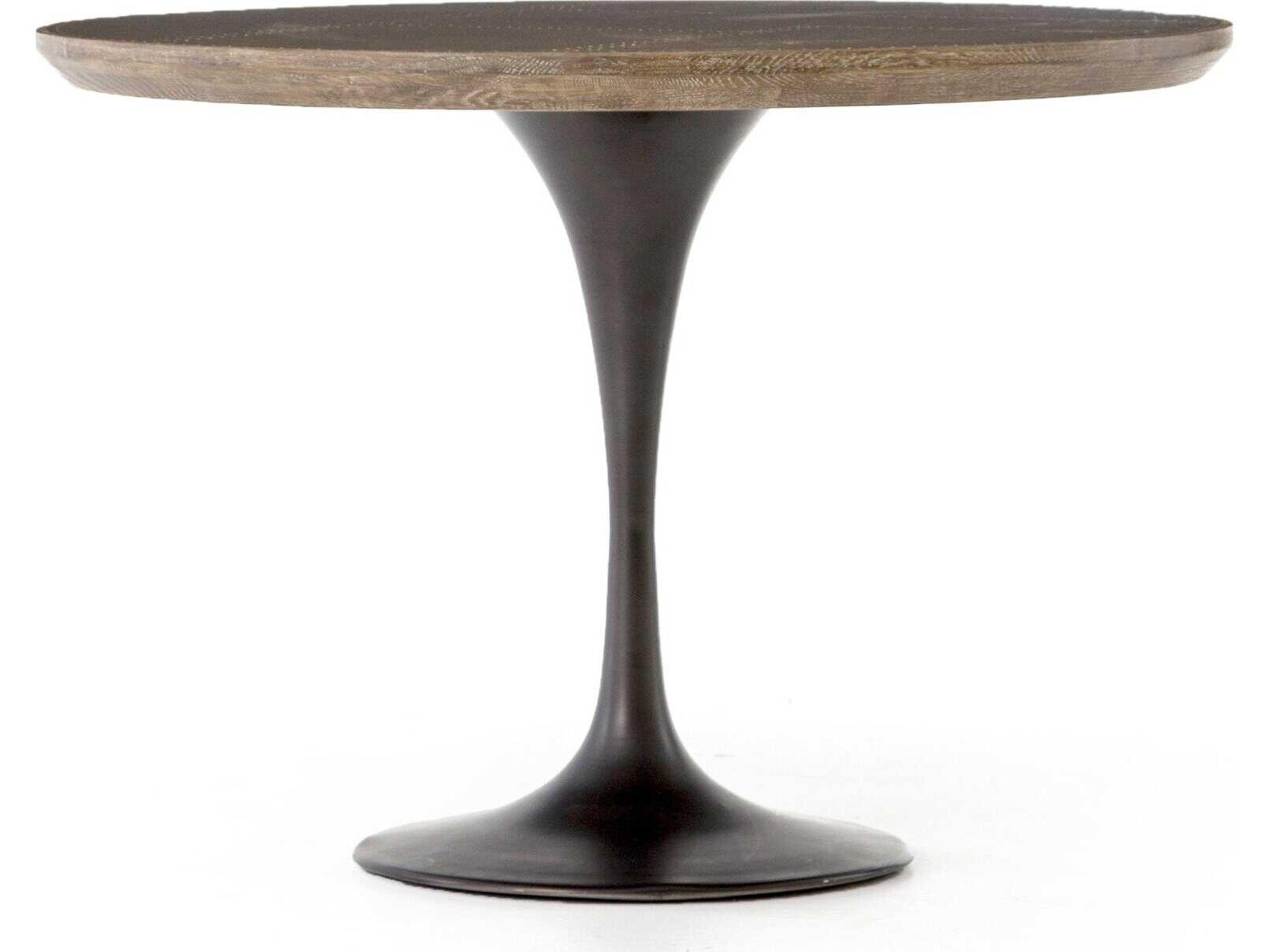 Four Hands Hughes Powell Round Wood Bright Brass Clad Dark Rustic Black Light Burnt Oak Dining Table
