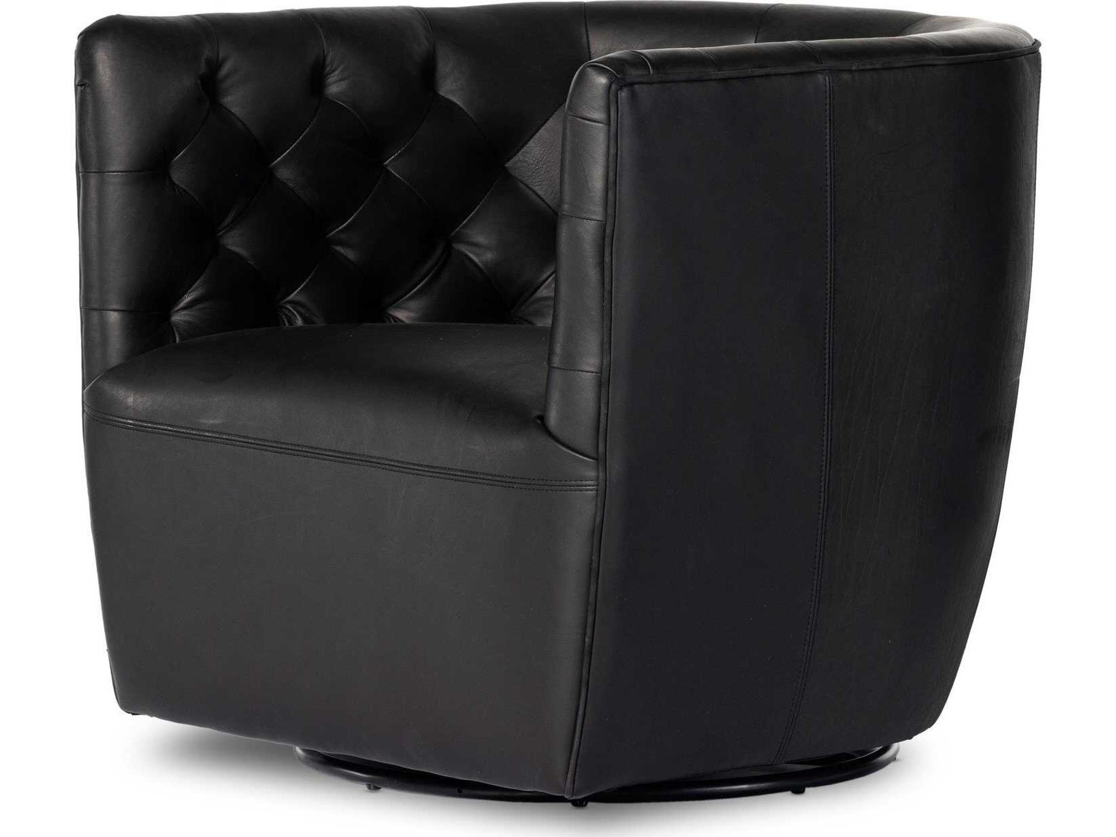 Four Hands Kensington Hanover Swivel Black Leather Accent Chair
