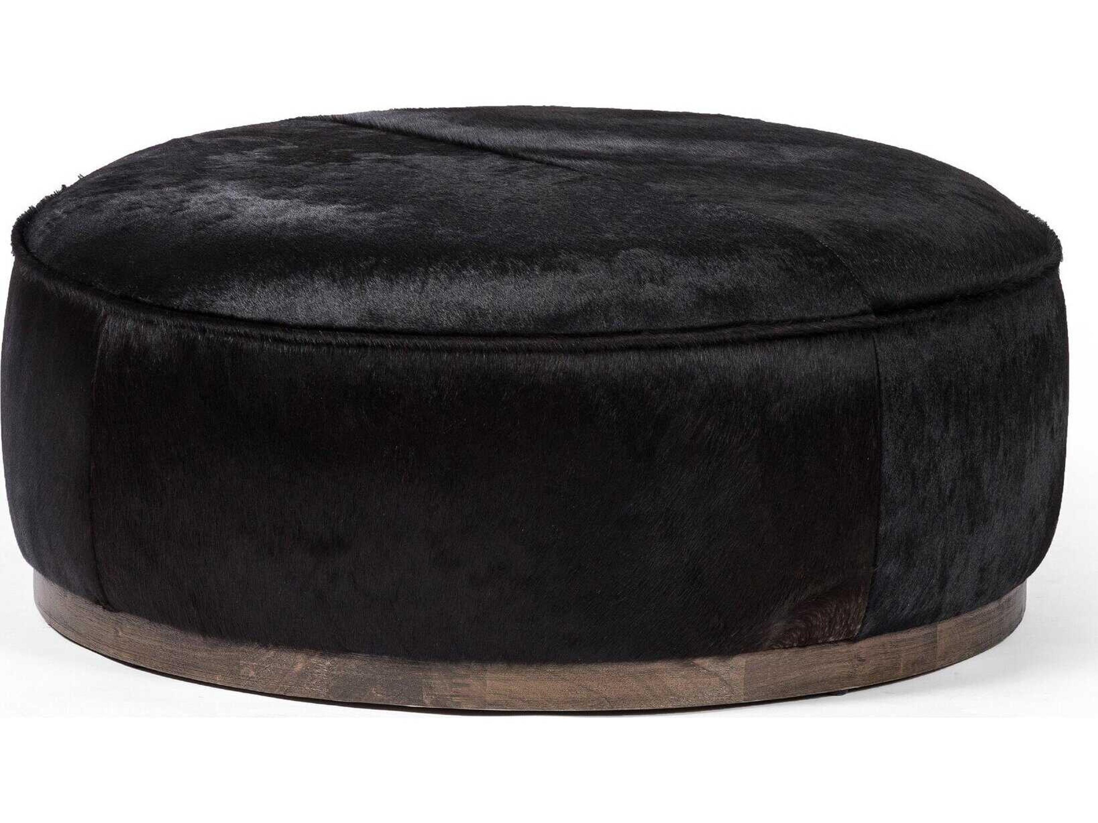 Four Hands Westgate Sinclair Dark Hair on Hide Leather Large Round Ottoman