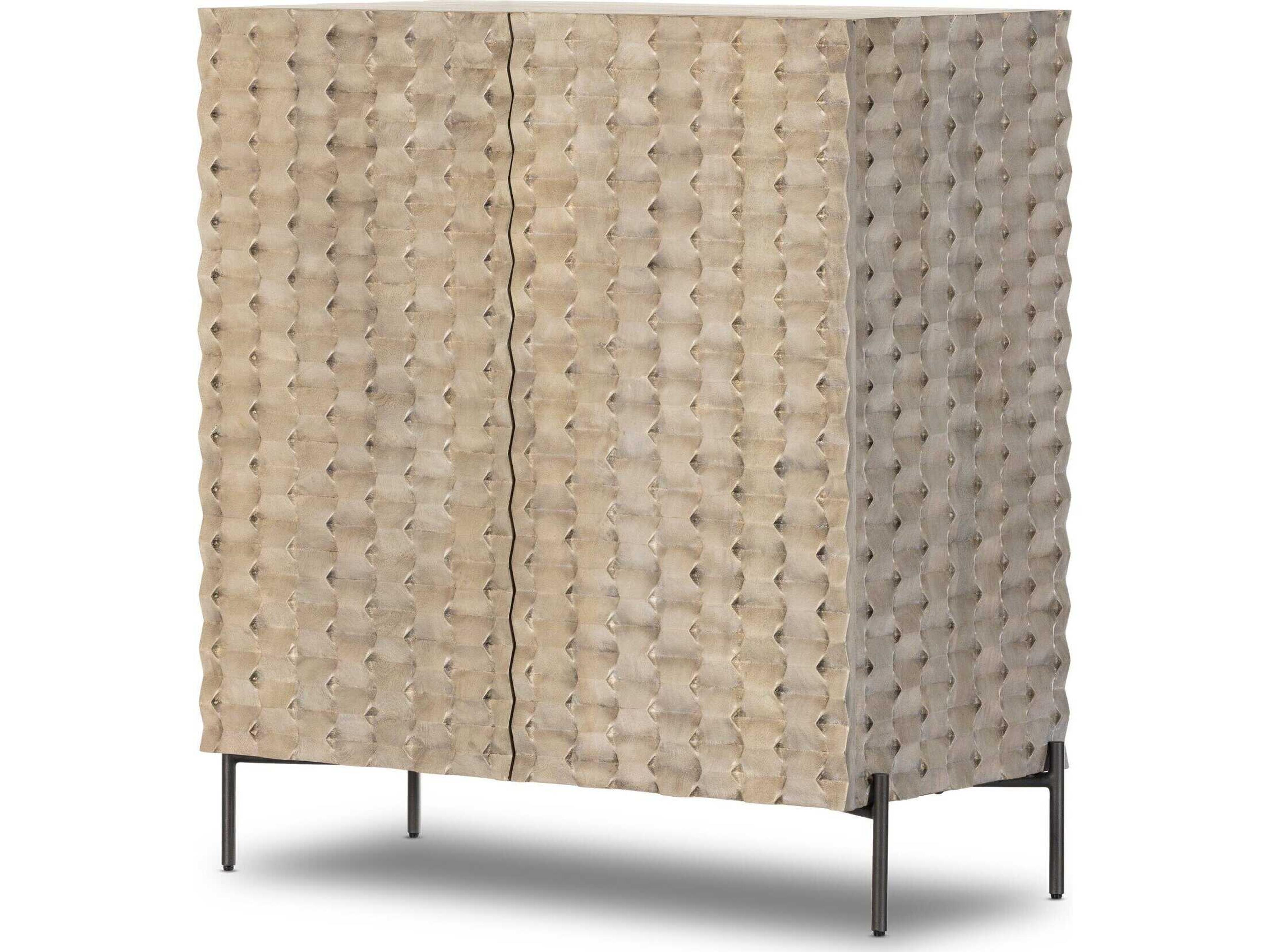 Four Hands Fallon Raffael Carved Stonewash Grey Mango Bar Cabinet