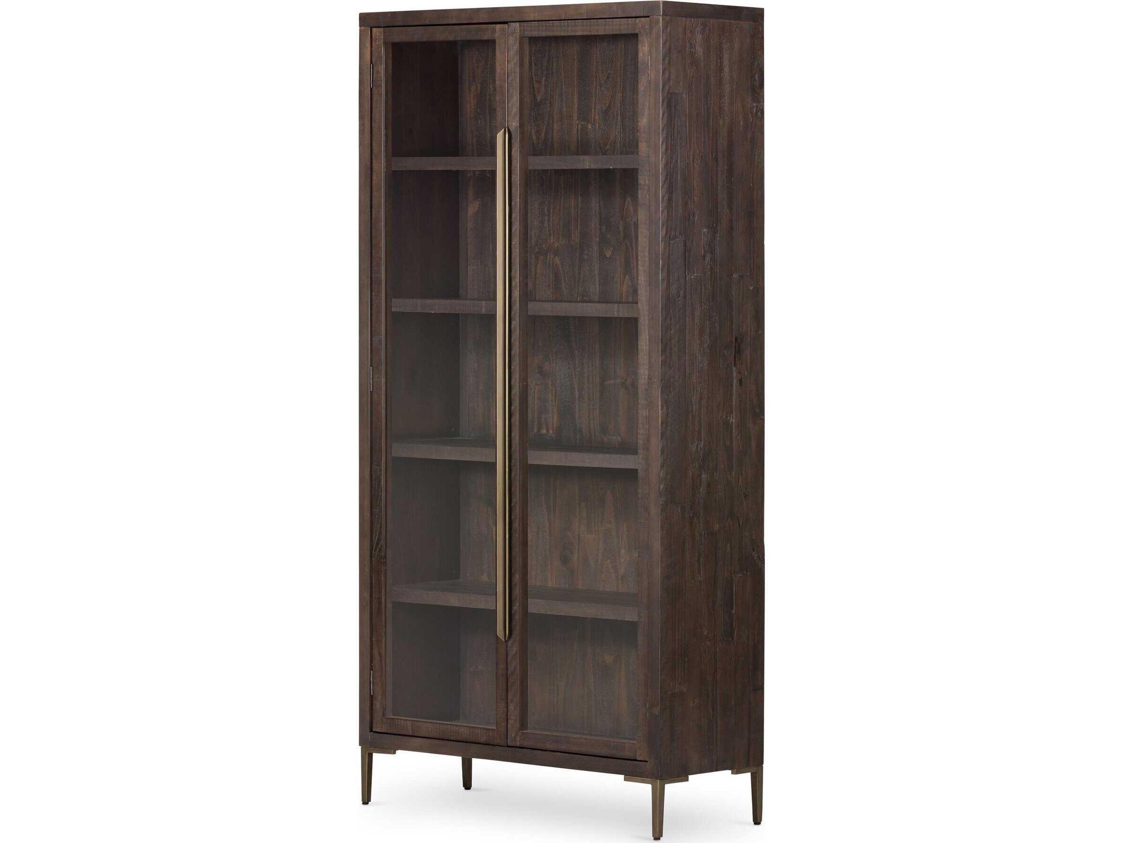 Four Hands Wyeth Pine Wood Dark Carbon Tempered Glass Antique Brass Display Cabinet
