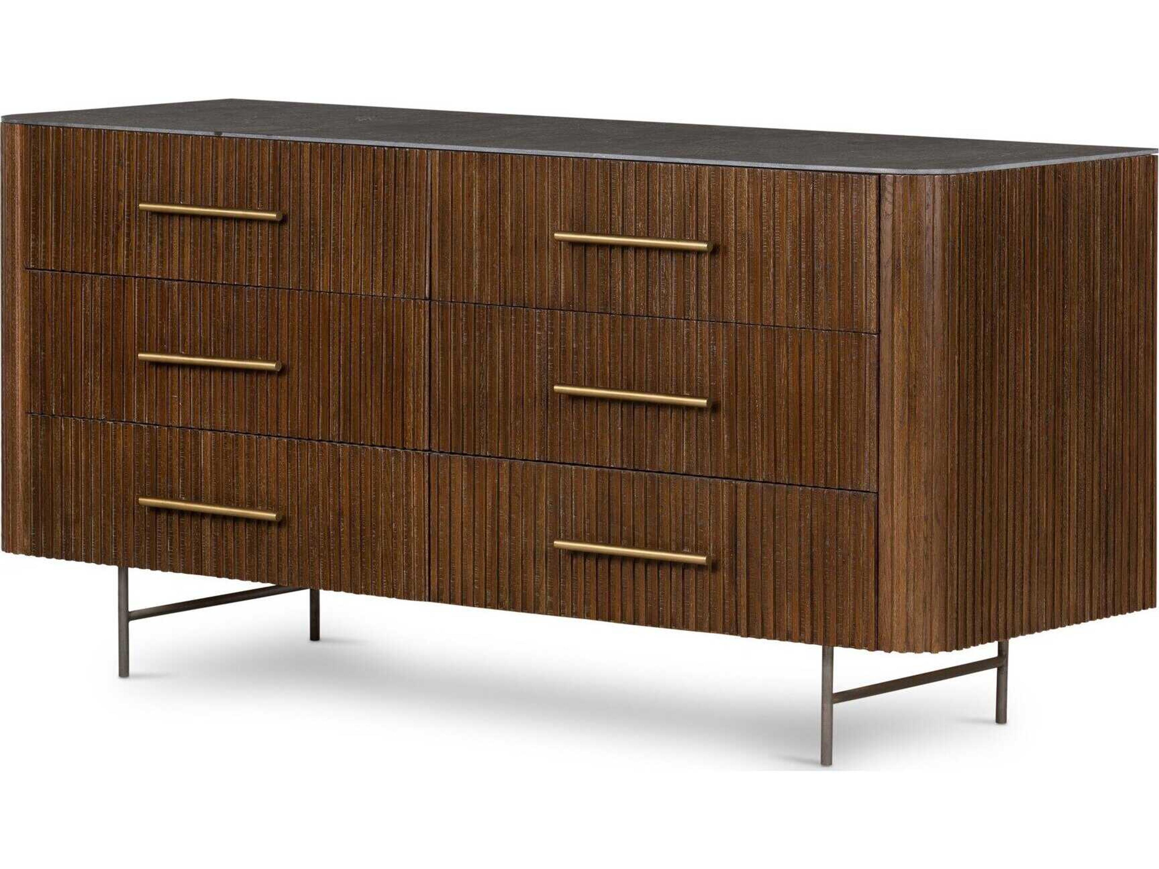 Collins Fletcher 6-Drawers Brass Oak Wood Double Dresser