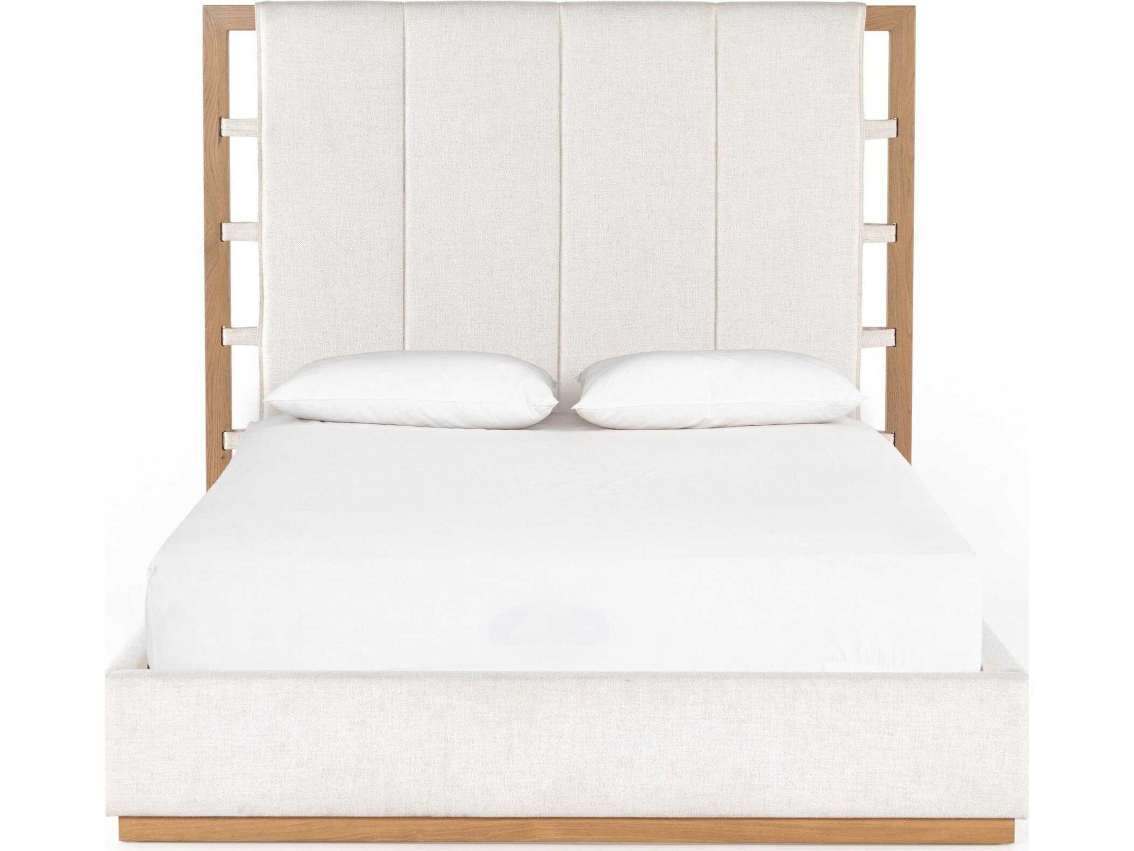 Four Hands Berman Barnett Burnished Oak Dover Crescent White Wood Upholstered Queen Platform Bed