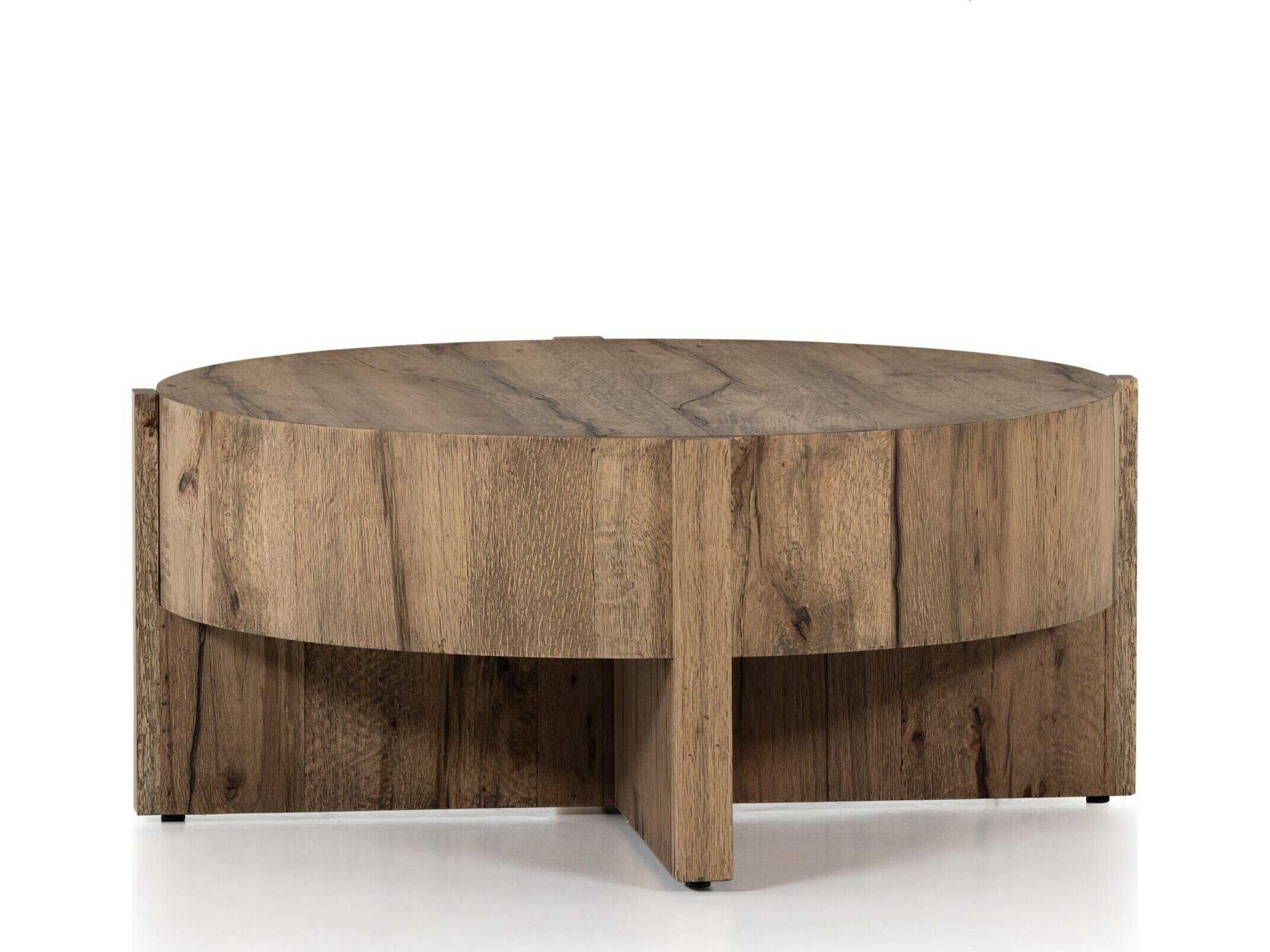 Four Hands Wesson Bingham Round Wood Rustic Oak Veneer Coffee Table