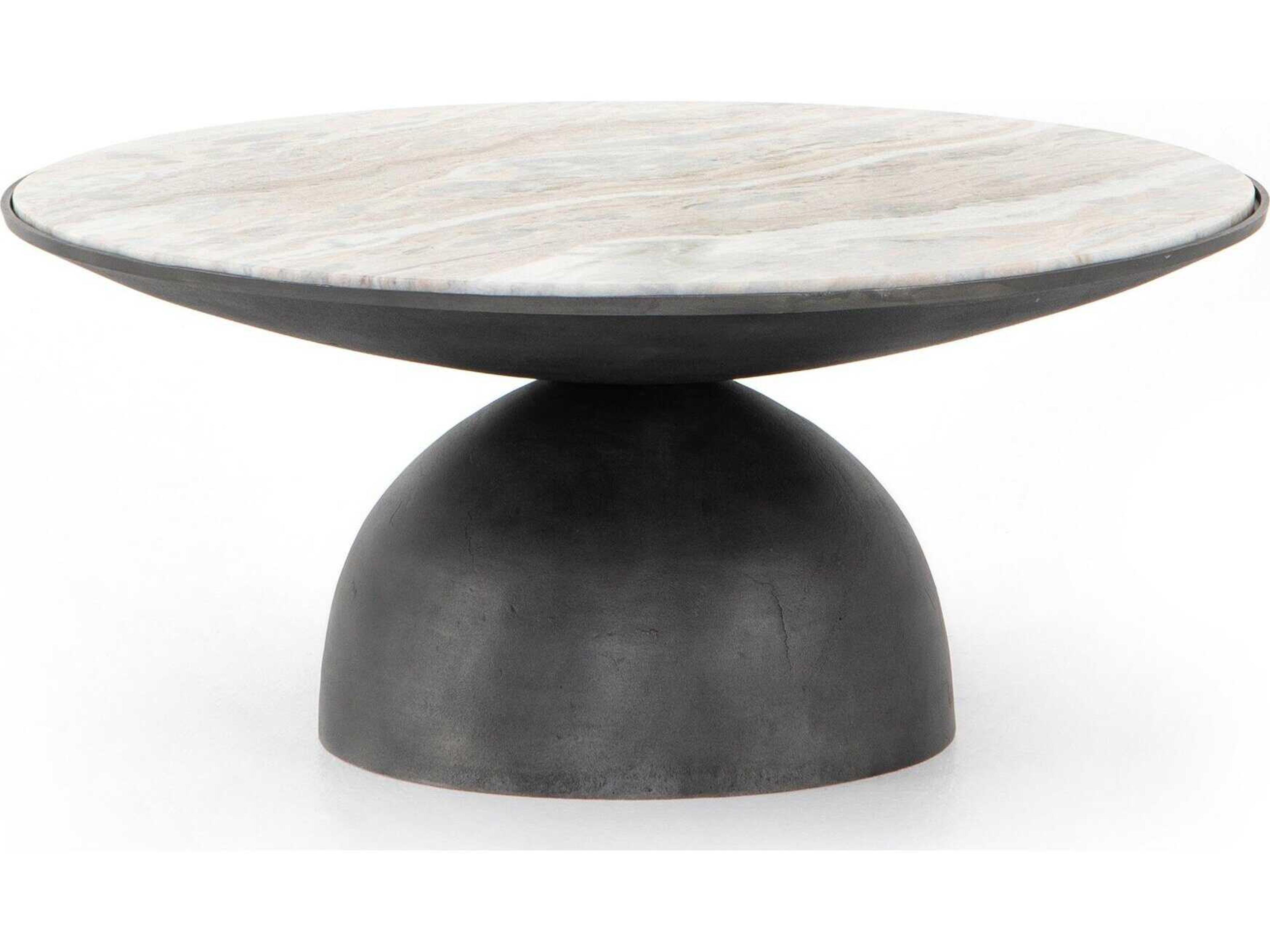 Four Hands Marlow Corbett Round Creamy Taupe Marble Hammered Grey Coffee Table